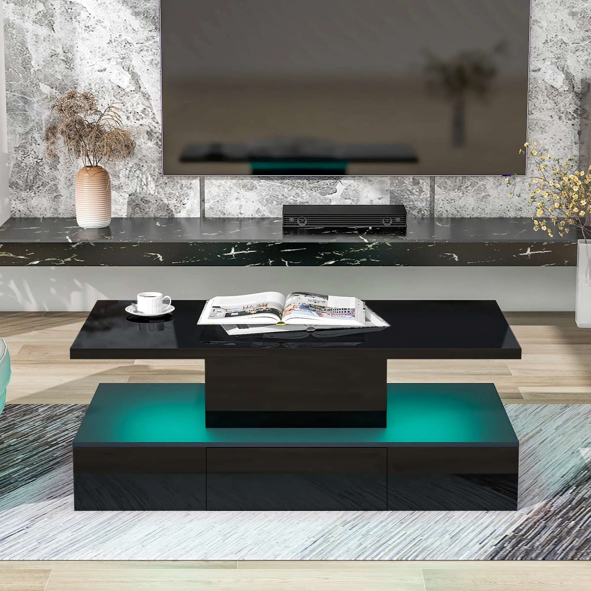 Modern Glossy Coffee Table With Drawer - 19.60 x 39.30 x 15.30