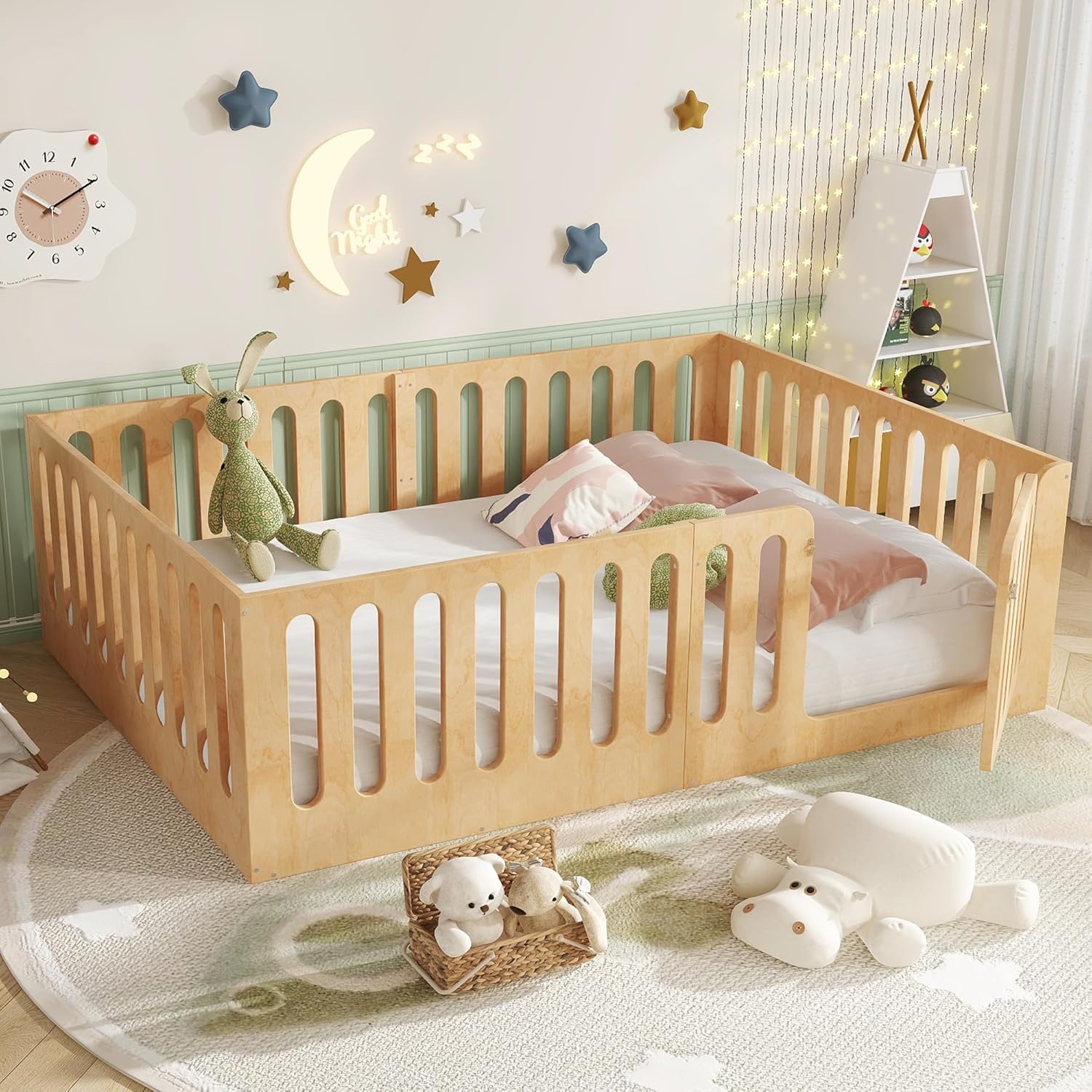 Bellemave Full Size Kids Montessori Floor Bed,Full Size Floor Bed Frame with High Fence and Door,Solid Wood Montessori Bed for Girls Boys,Natural