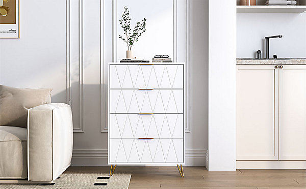 Commode De Chambre, 4 Tiroirs, Meuble De Rangement Avec Poignées Et Pieds Dorés, Blanc