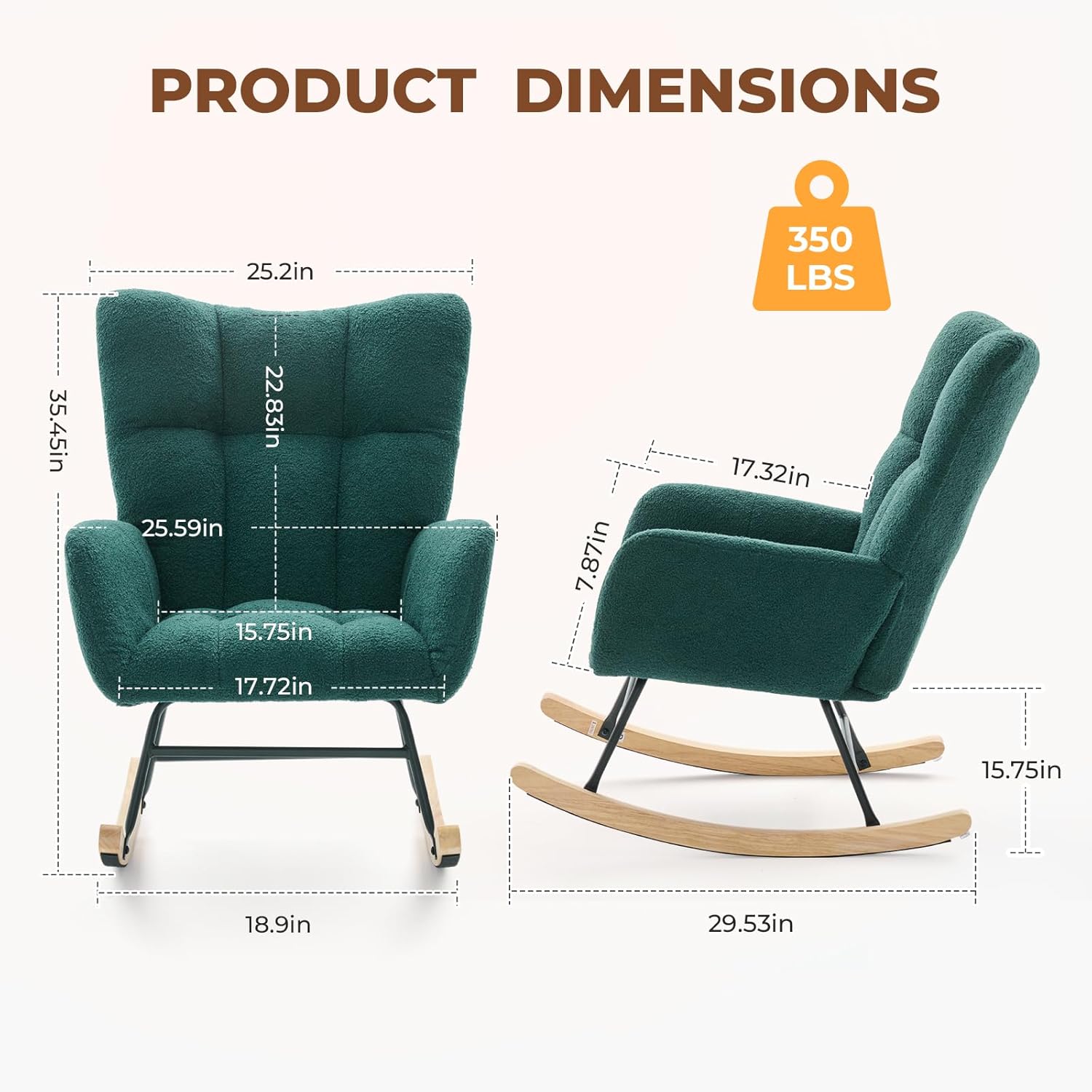 DUMOS Nursery Rocking Chair Teddy Upholstered, Comfy Glider Rocker with High Backrest Armchair Padded Seat, Accent Side Chair for Living Room Bedroom Offices Small Spaces Indoor, Green