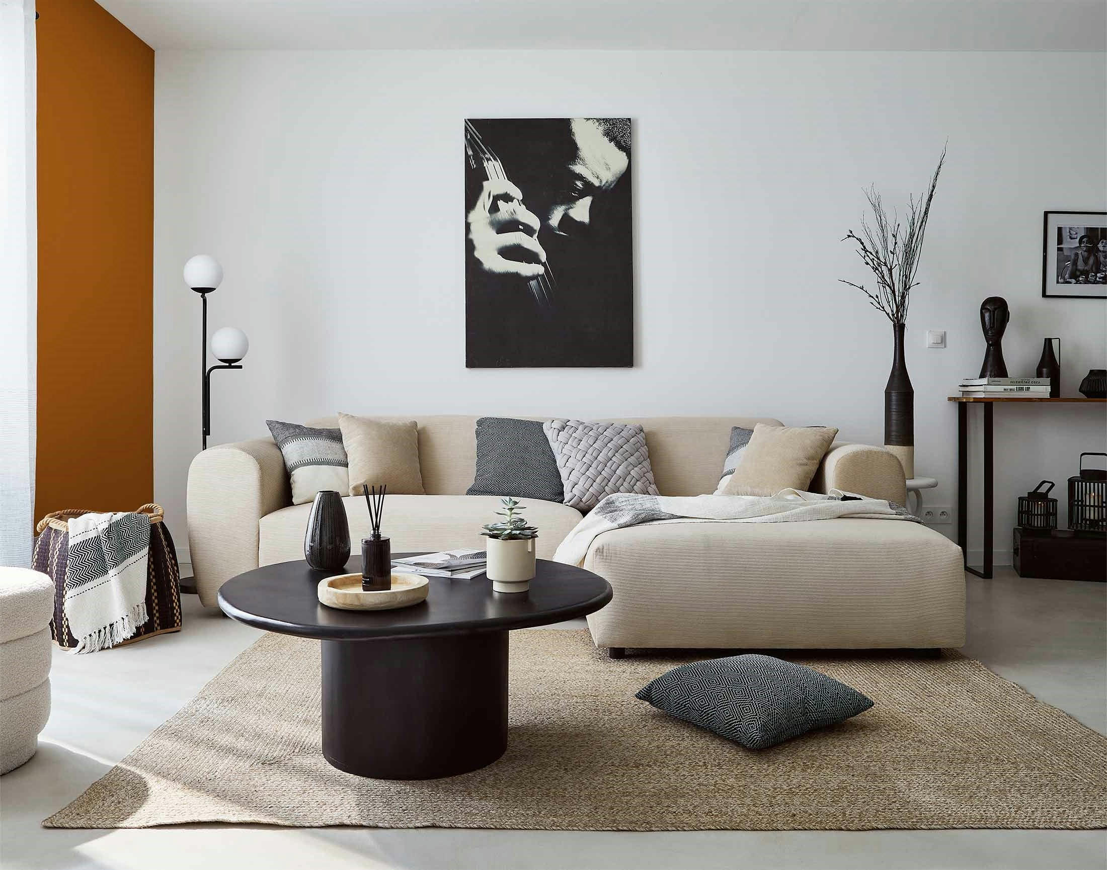 AUMANCE - Canapé d'angle droit 4 places en velours côtelé beige