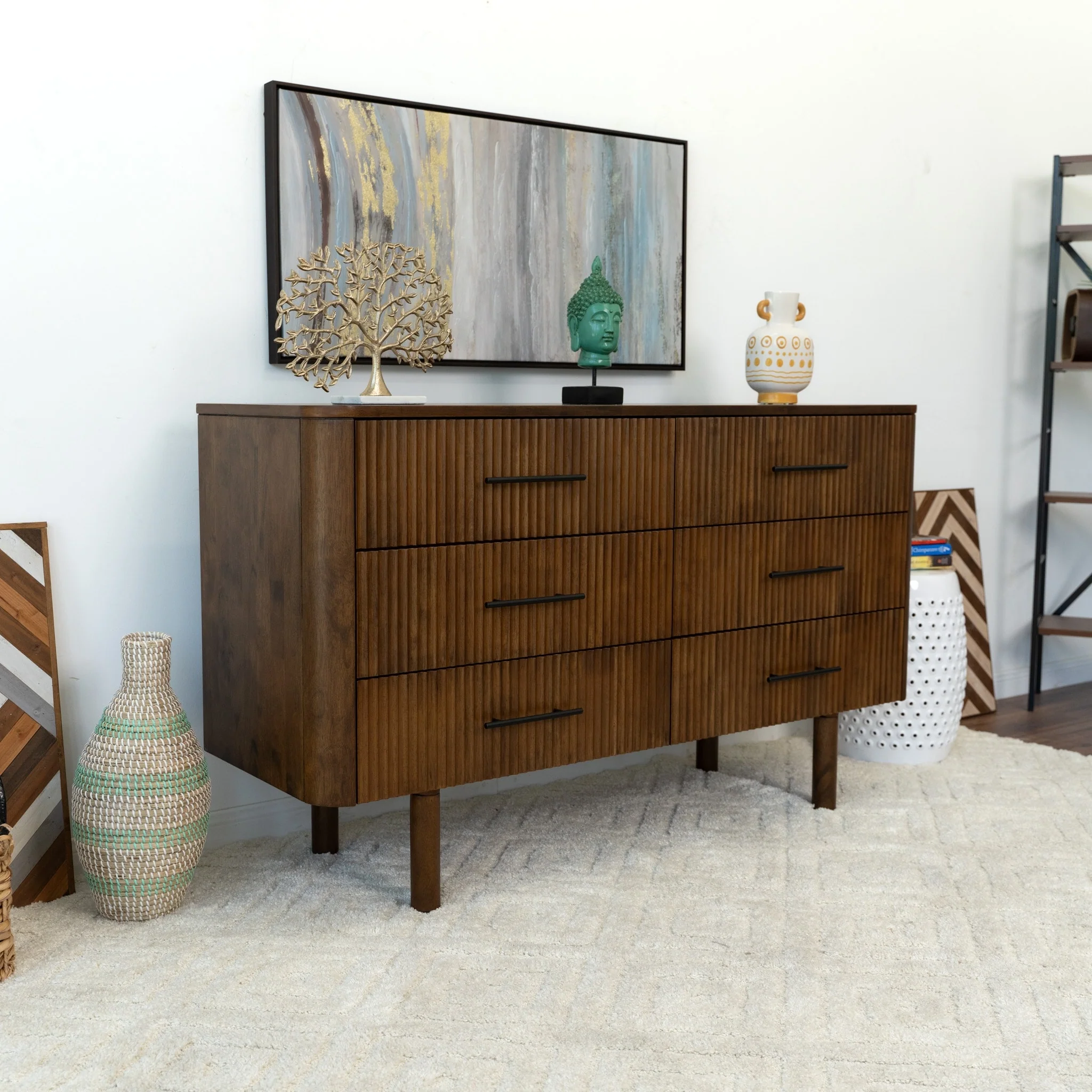 Ross Mid Century Modern Walnut Dresser with 6 Drawers