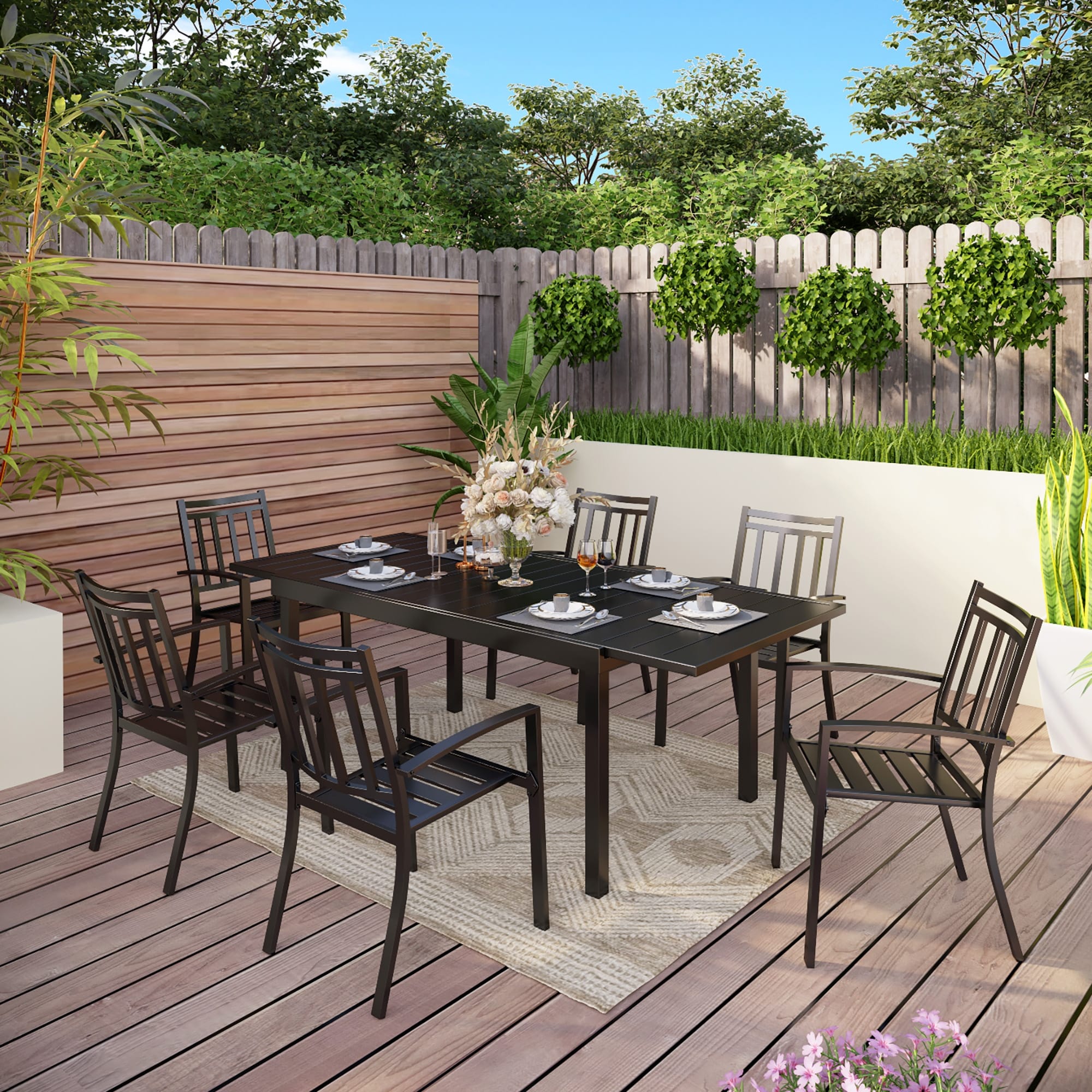 MAISON ARTS 7/9 Pieces Patio Dining Set with E-coating 8 Metal Stackable Chairs and 1 Expandable Rectangle Table
