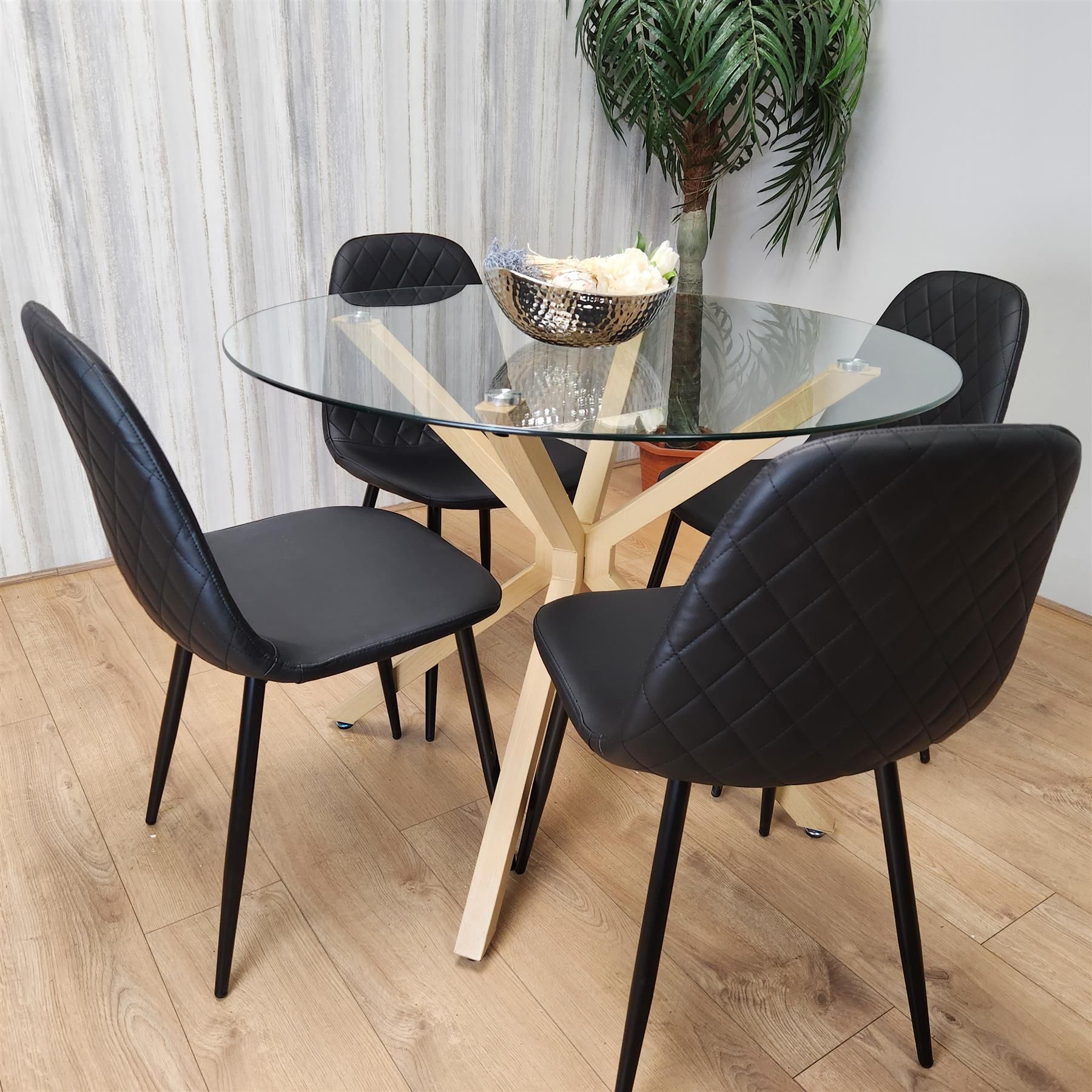KOSY KOALA Kosy Koala Round Glass Dining Table Set With 4 Black Gem Pattern Chairs Dining Room Furniture