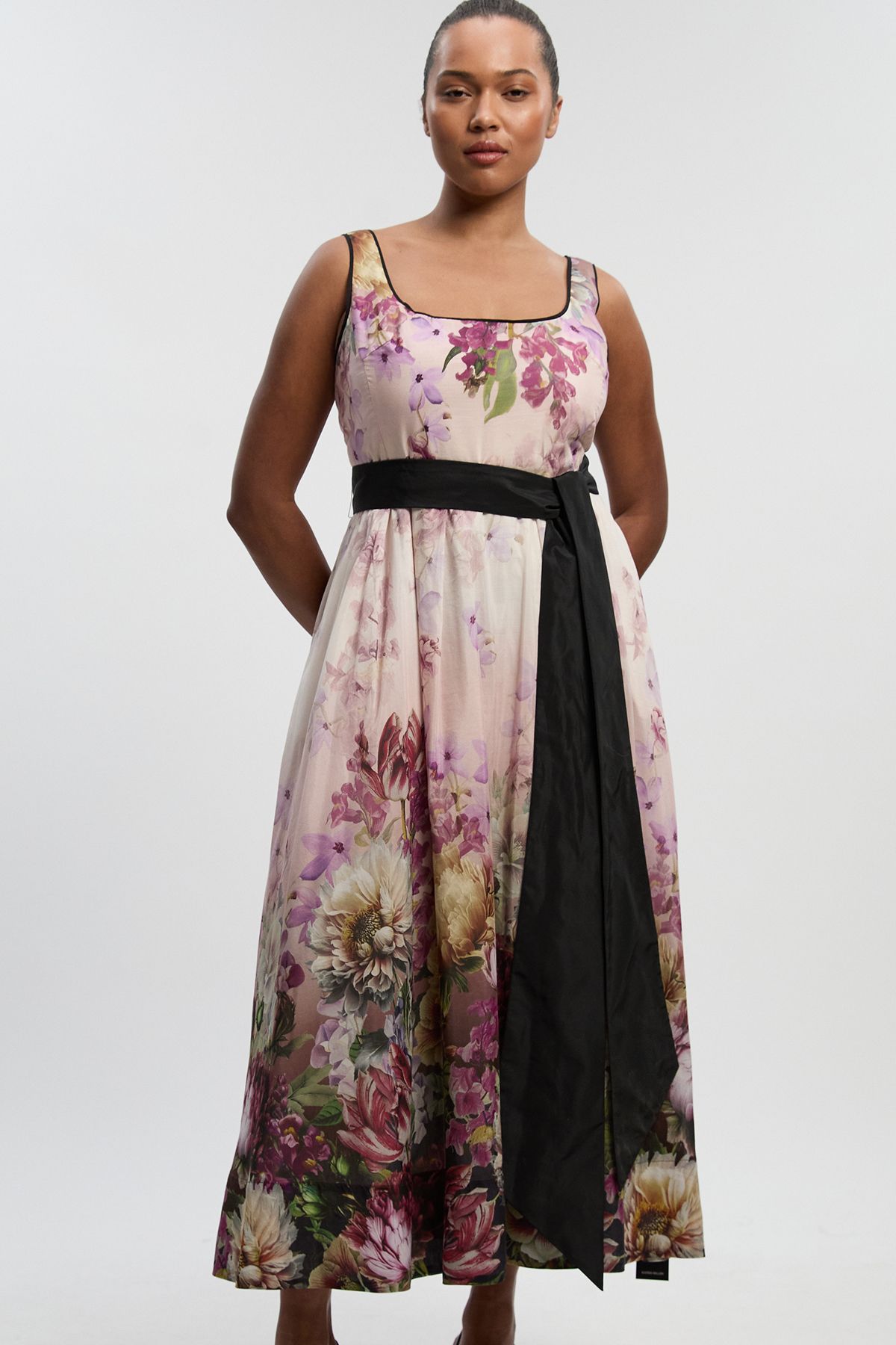 KarenMillen Plus Size Floral Print Silk Cotton Strappy Woven Maxi Dress