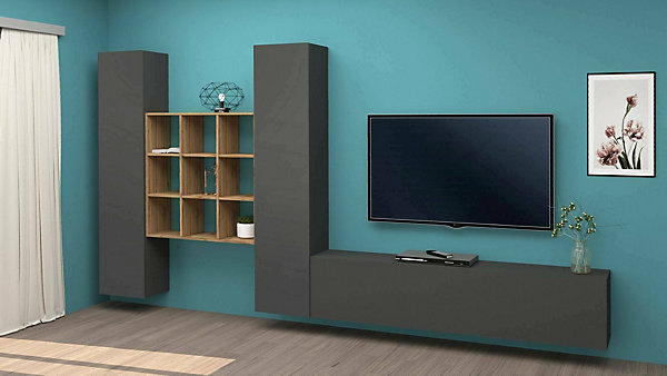 élément mural Genoveffa, meuble TV 3 portes, Meuble de salon polyvalent, 100% Made in Italy, 270x30h180 cm, Anthracite et érable