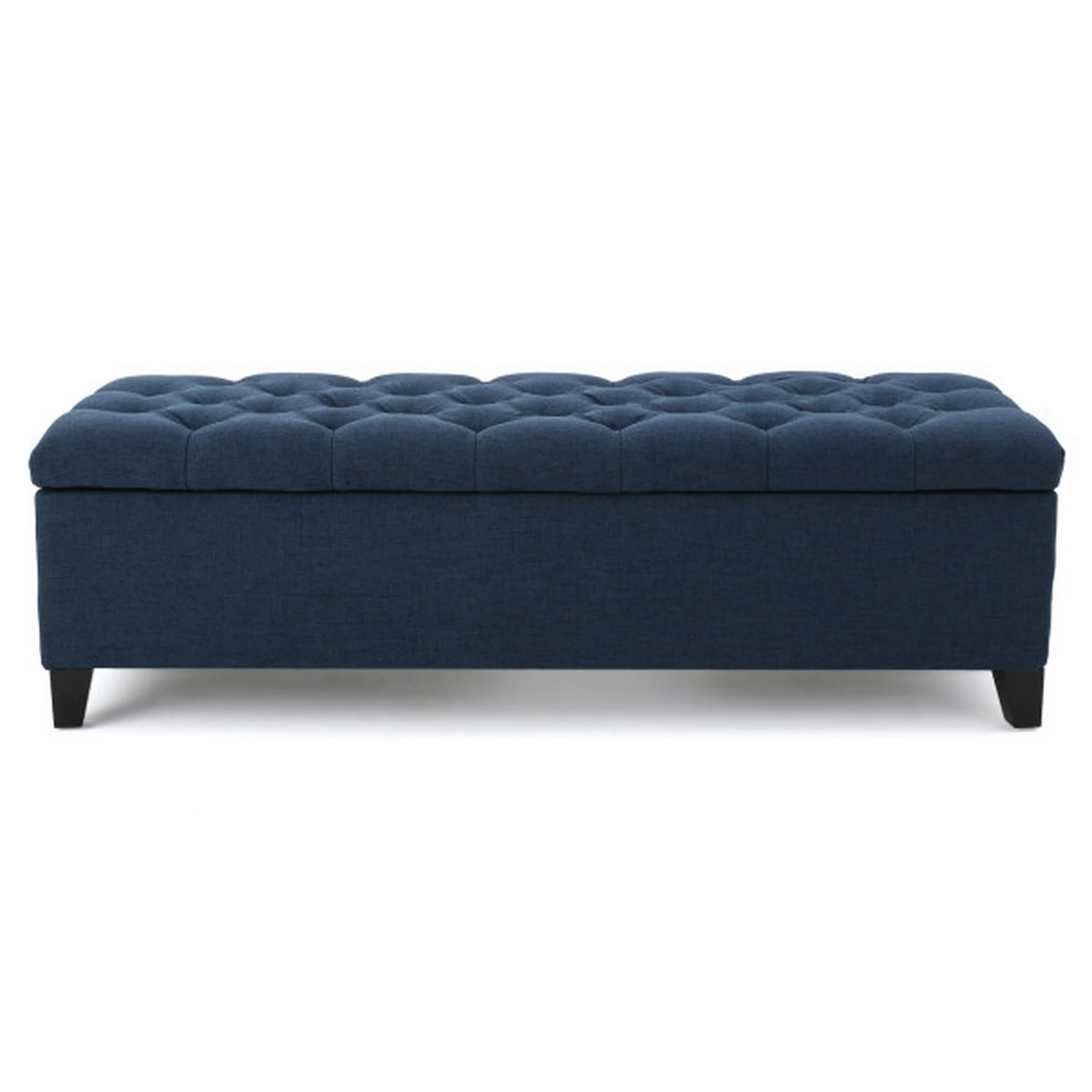 Elias Storage Bench, 51 Inch Button Tufted Blue Velvet, Solid Wood