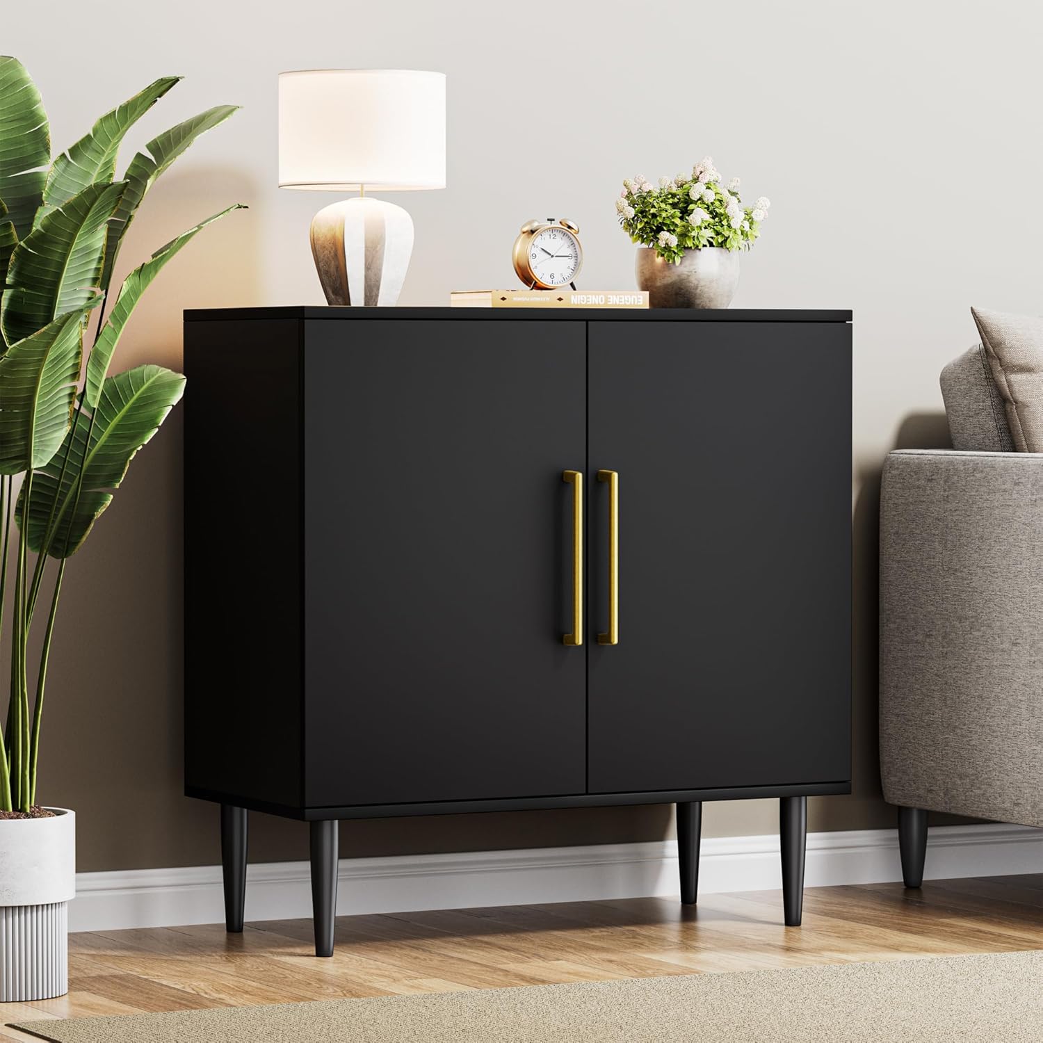 Black Buffet Cabinet, Free Standing Sideboard with Storage, Wood Accent Cabinet with Doors,Modern Credenza, Sideboard Storage Cabinet for Living Room, Dining Room(1, Black & Gold)