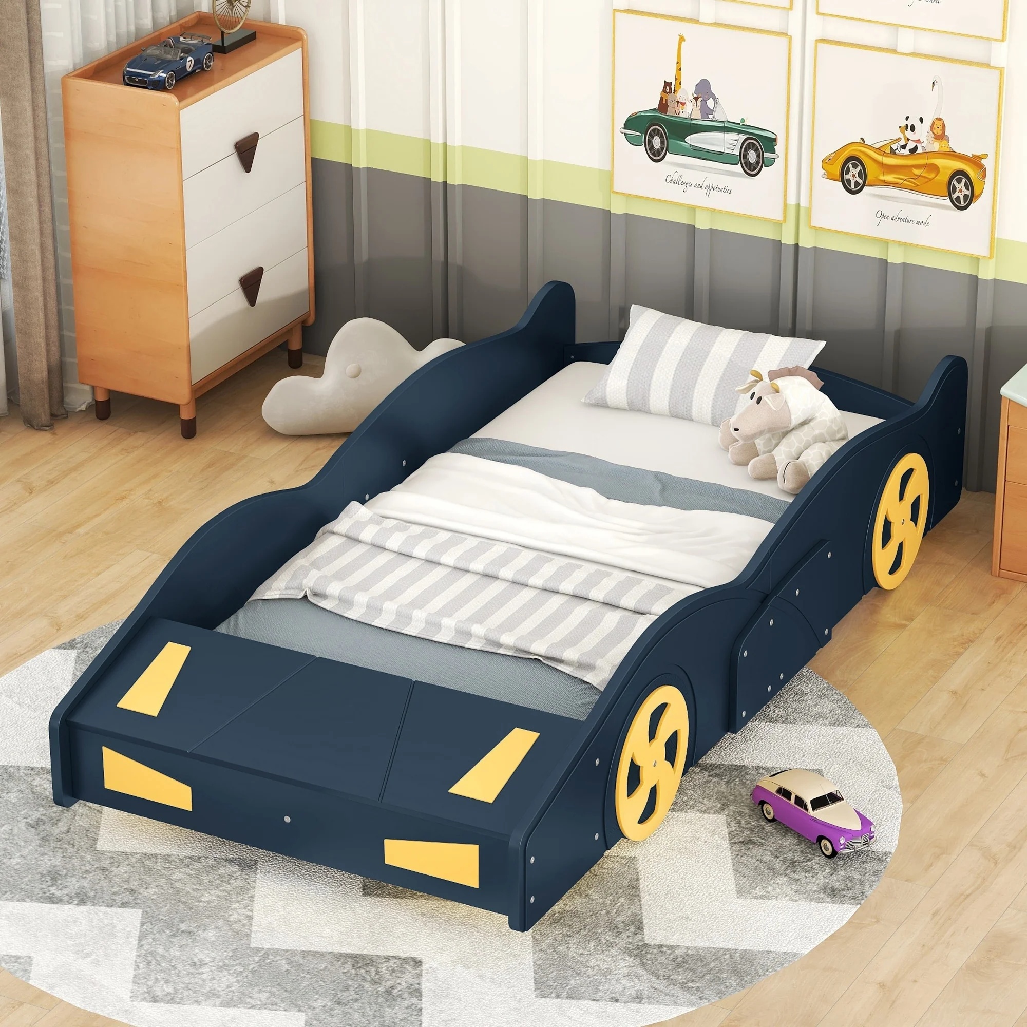 Full Size Race Car-Shaped Platform Bed with Storage and Wheels