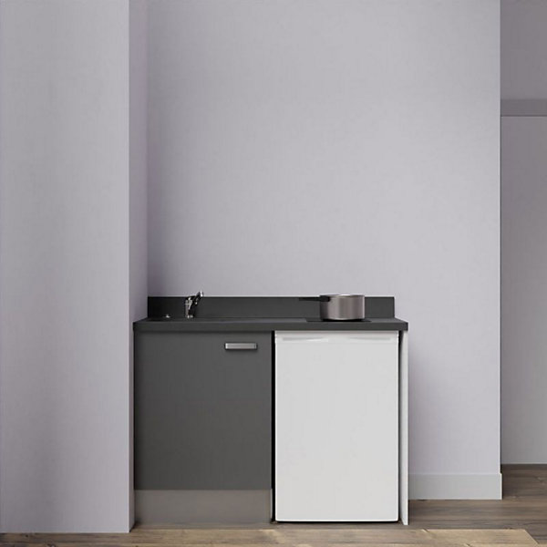 Kitchenette K08 - 120 cm - façades Gris - Plan monobloc en quartz coloris Nero évier à gauche