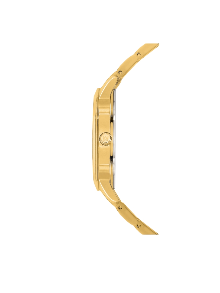 Watch with purple dial and gold bracelet