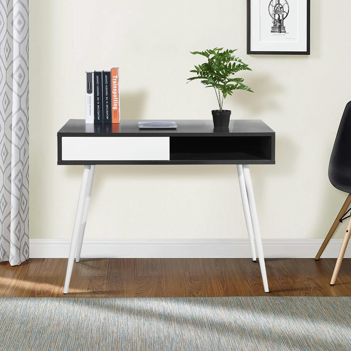 - Bureau effet bois 1 tiroir niche noir et blanc 100*58*77cm