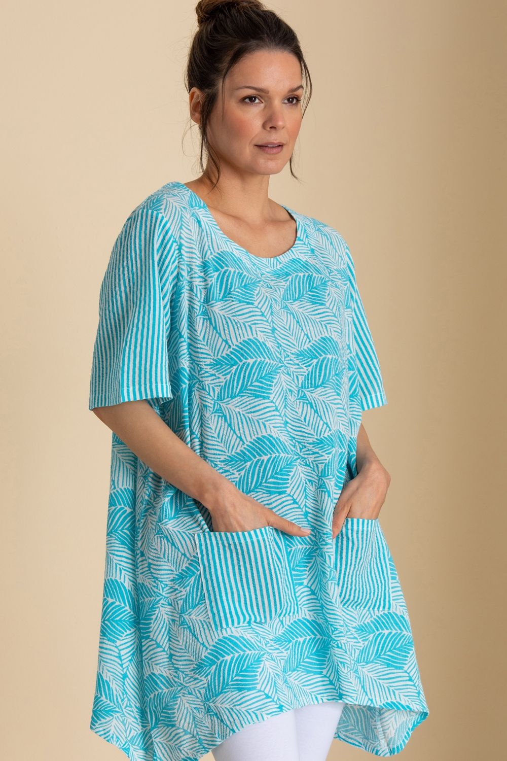 Klass. Leaf And Stripe Print Textured Tunic Top