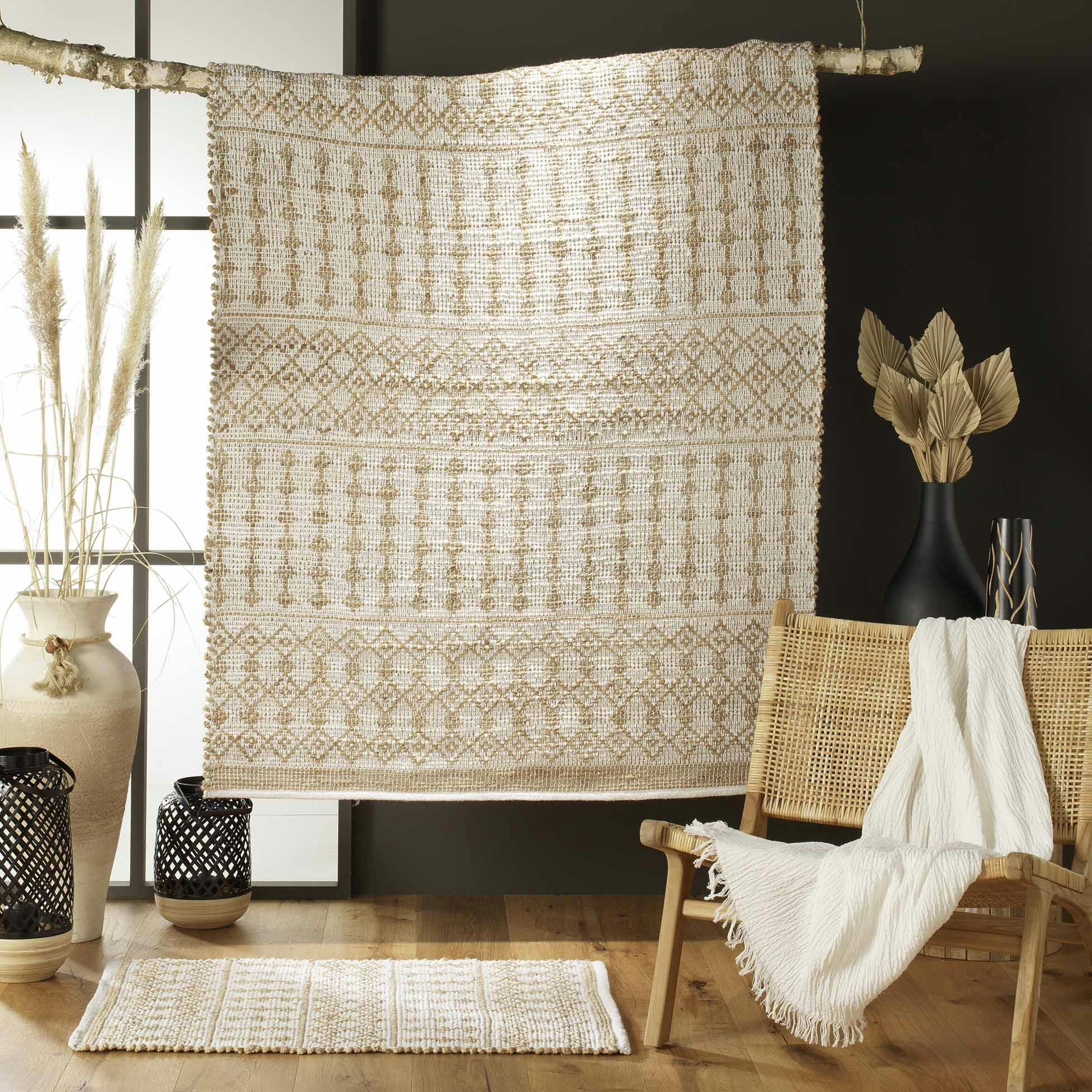 - Tapis rectangle 120x170cm en jute et coton Blanc