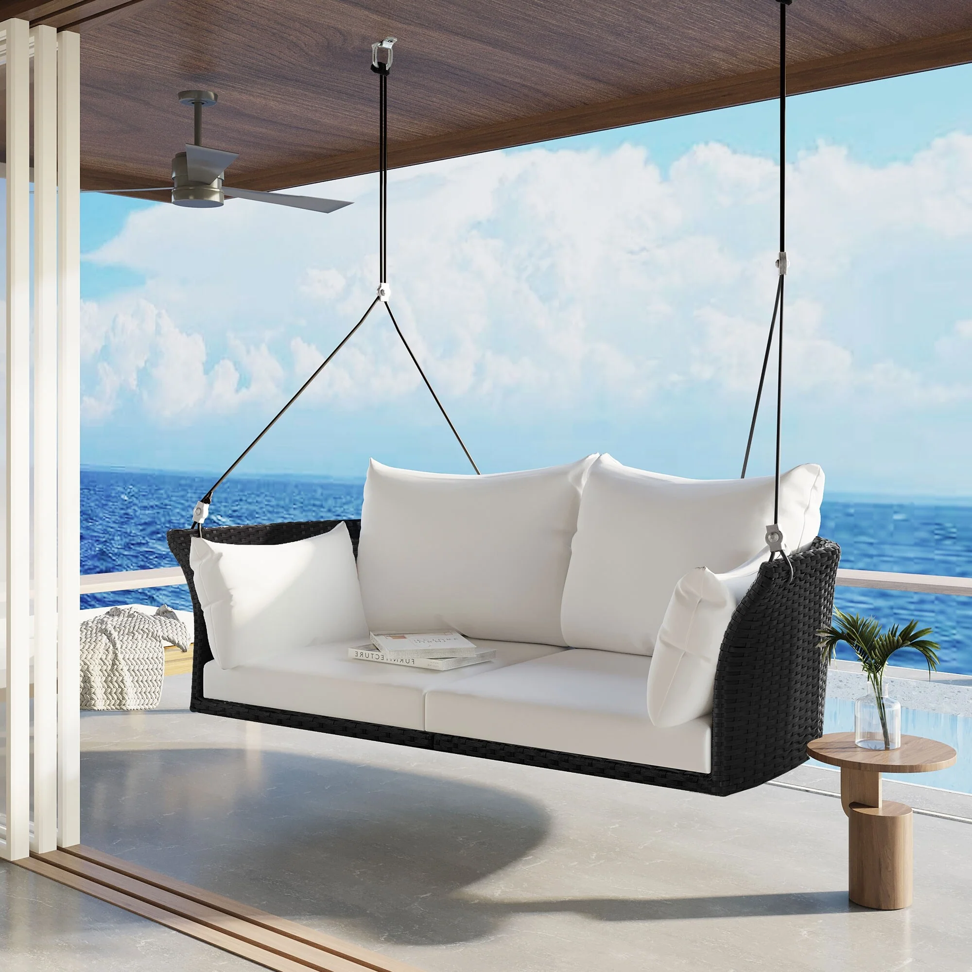 51.9 2-Person Hanging Seat,Rattan Woven Swing Chair, Porch Swing With Ropes
