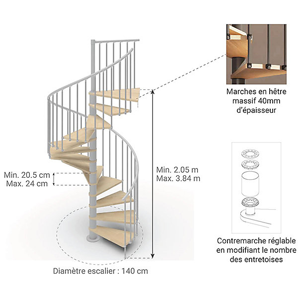 Escalier colimaçon 15 marches - Haut. à franchir 3.08 à 3.60m - Diam. 140cm - Struct. grise / marches naturel- Trémie ronde -