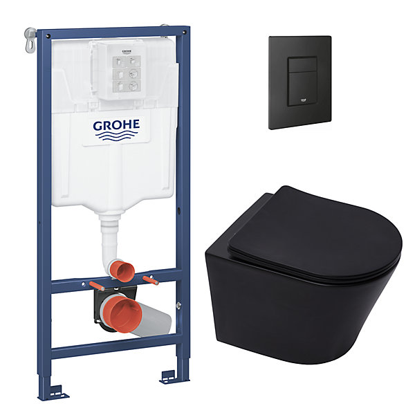 Grohe Pack WC Bâti-support Rapid SL   WC sans bride SAT Noir mat   Abattant softclose   Plaque Noir mat