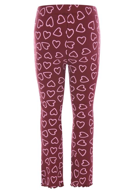 Younger Girls Burgundy Heart Print Bootcut Leggings