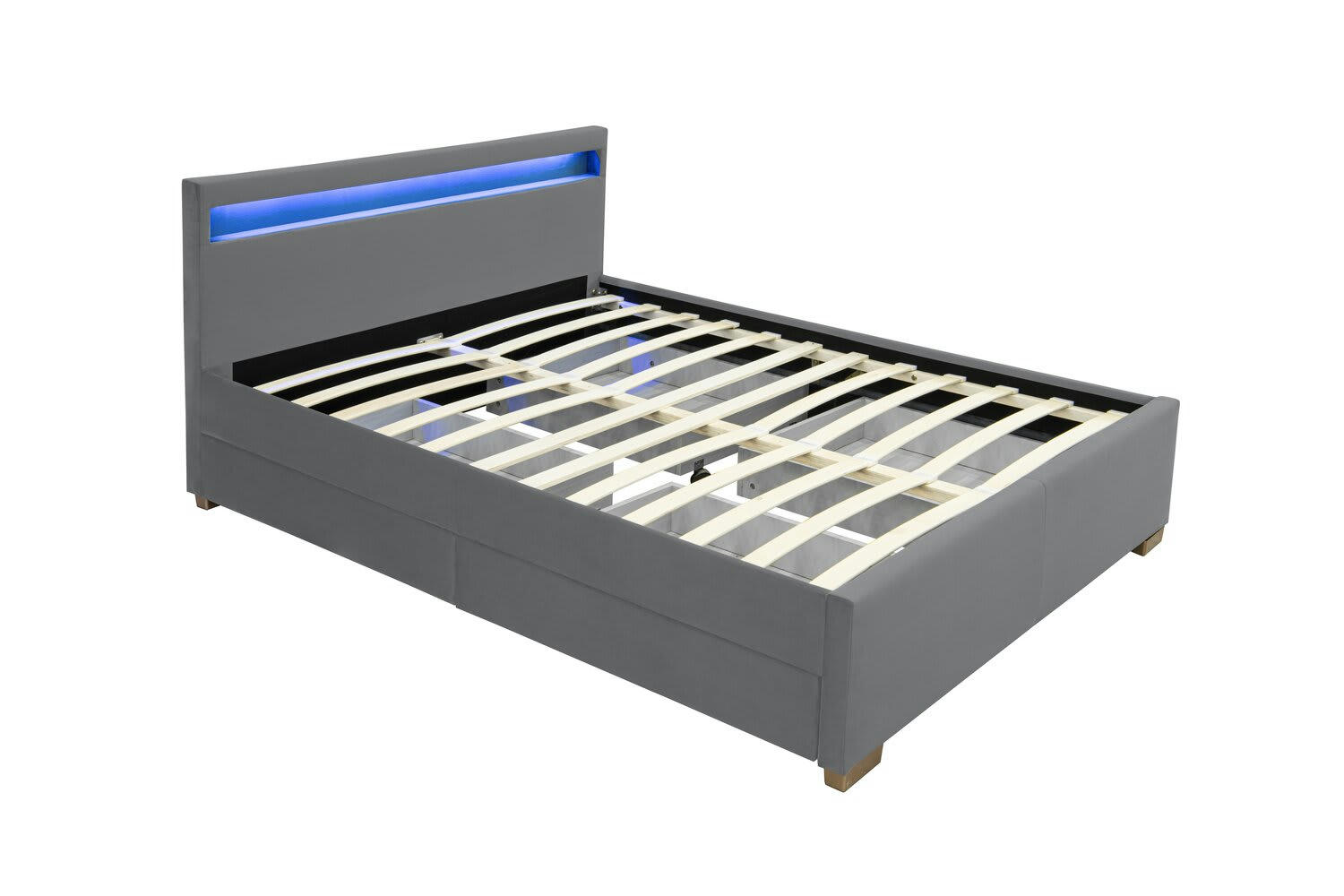 ENFIELD - Structure de lit en velours gris avec rangements et LED intégrées 160x