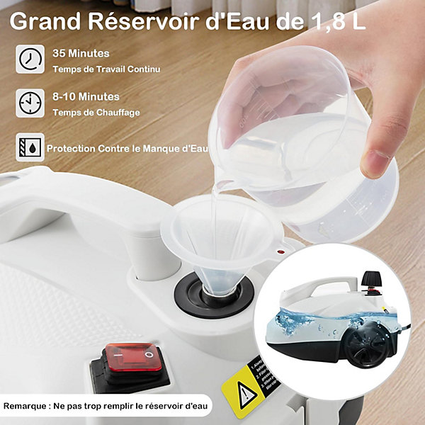 Nettoyeur Vapeur 2000W Pression 5 Bars 15 Accessoires Réservoir Eau Nettoyeur Vapeur Haute Pression Blanc
