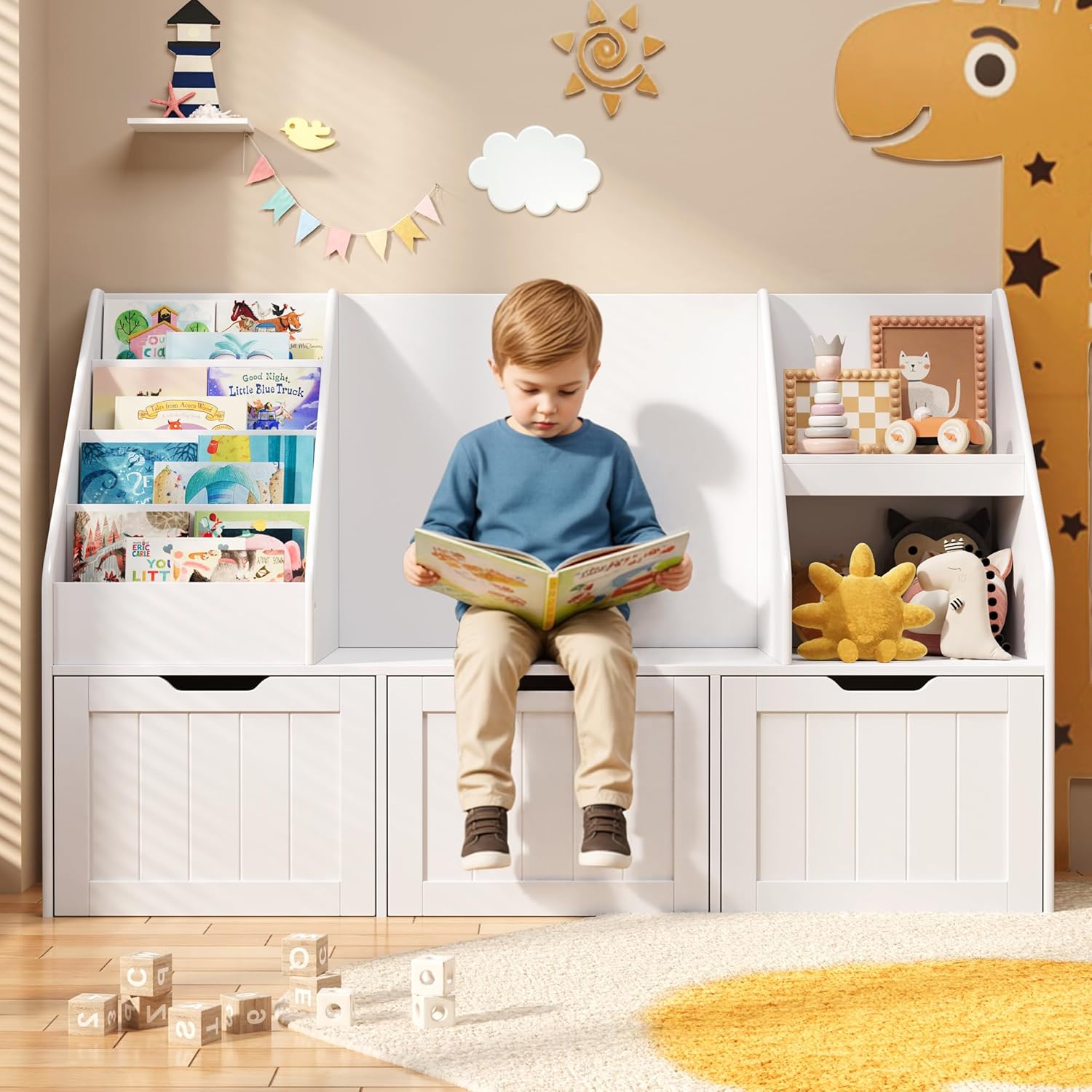 Gizoon Kids Bookshelf with Reading Nook, Kids Toy Storage Organizer with 3 Movable Drawers, Kids Reading Nook with Bench for Kidsroom Playroom and Bedroom, White