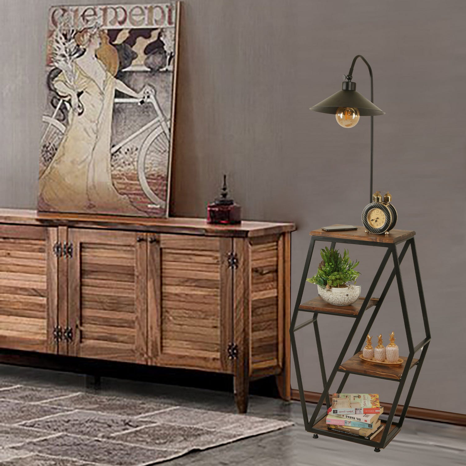 Lampada da terra con libreria in legno e metallo Sembol