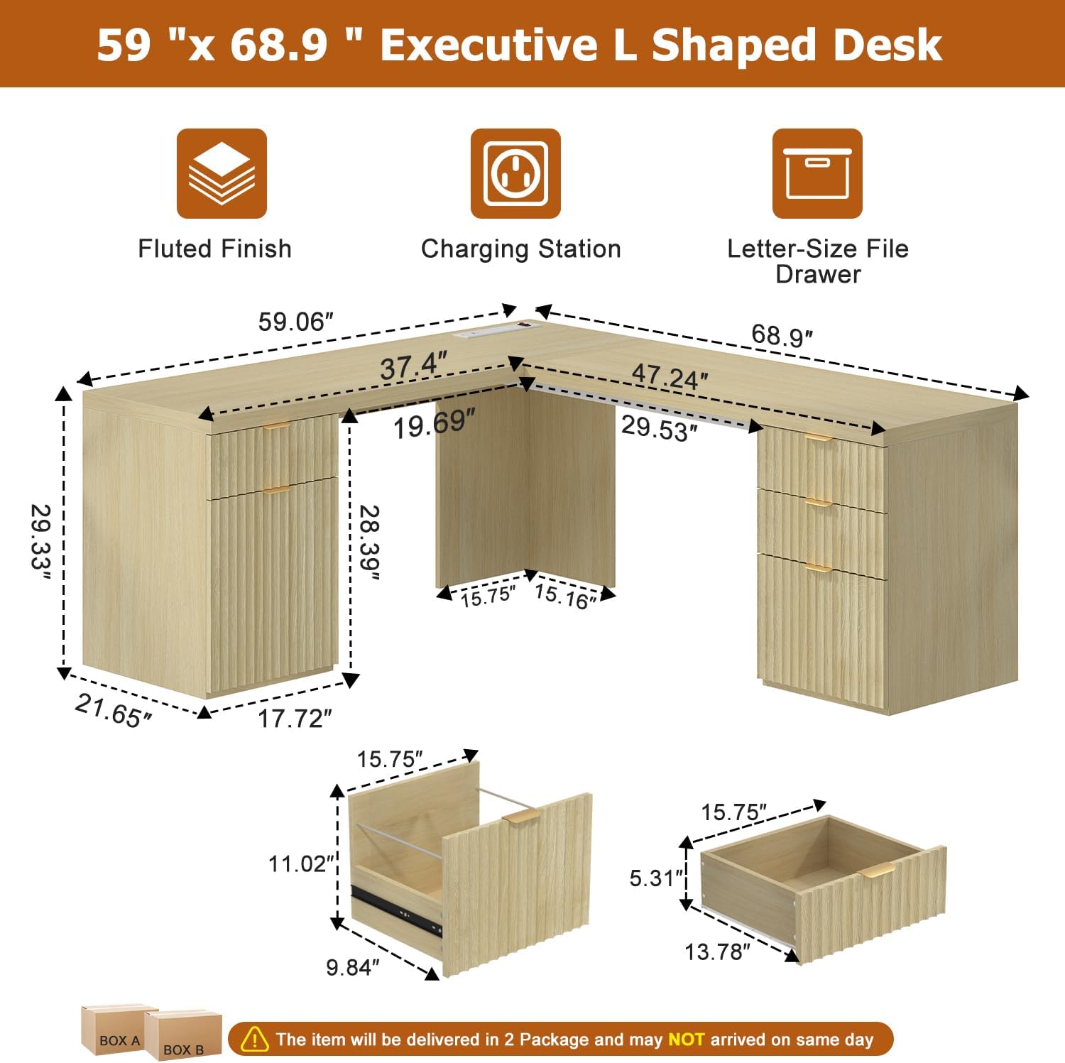 69 Modern L Shaped Executive Desk with Charging Station & File Drawer, Fluted Wood Home Office Corner Desk with Storage Drawers and Cabinet, Large Corner Computer Desk Writing Desk, Natural Oak
