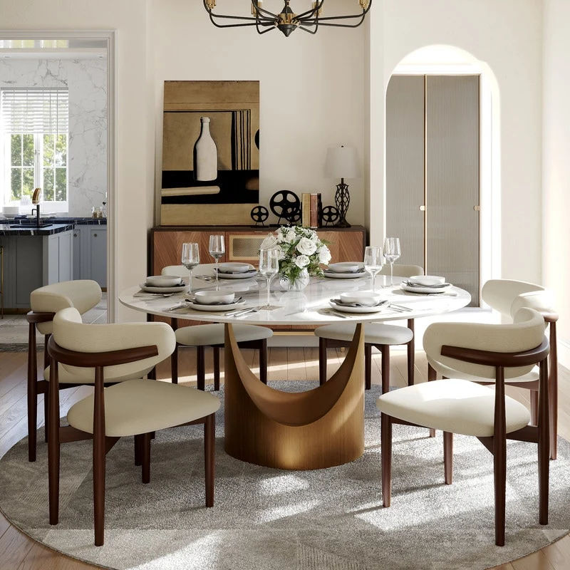 Modern Round Dining Table for Diningroom，White Glossy Stone Tabletop,Bronze Carbon Pedestal