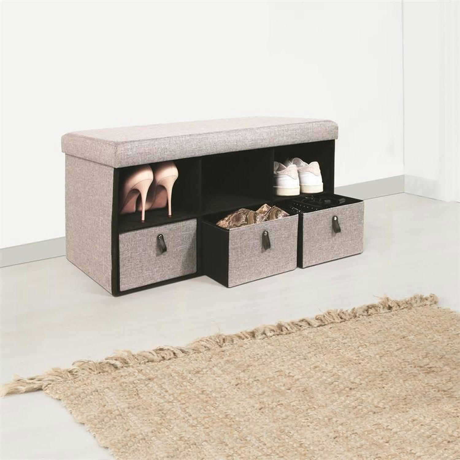 SCANDI - Banc d'entrée pliable rangements scandi l. 76 x h. 39 cm gris clair