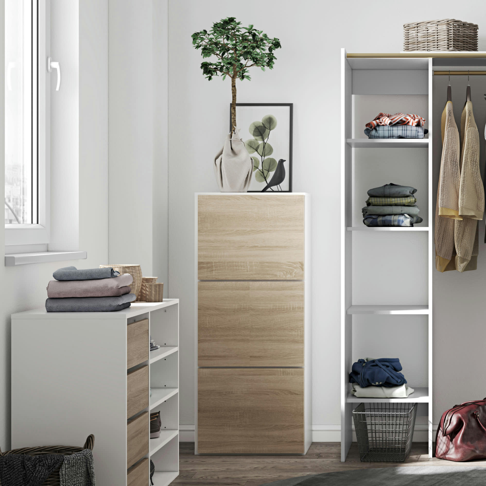 BAMBOO - Meuble à chaussures effet bois blanc et taupe