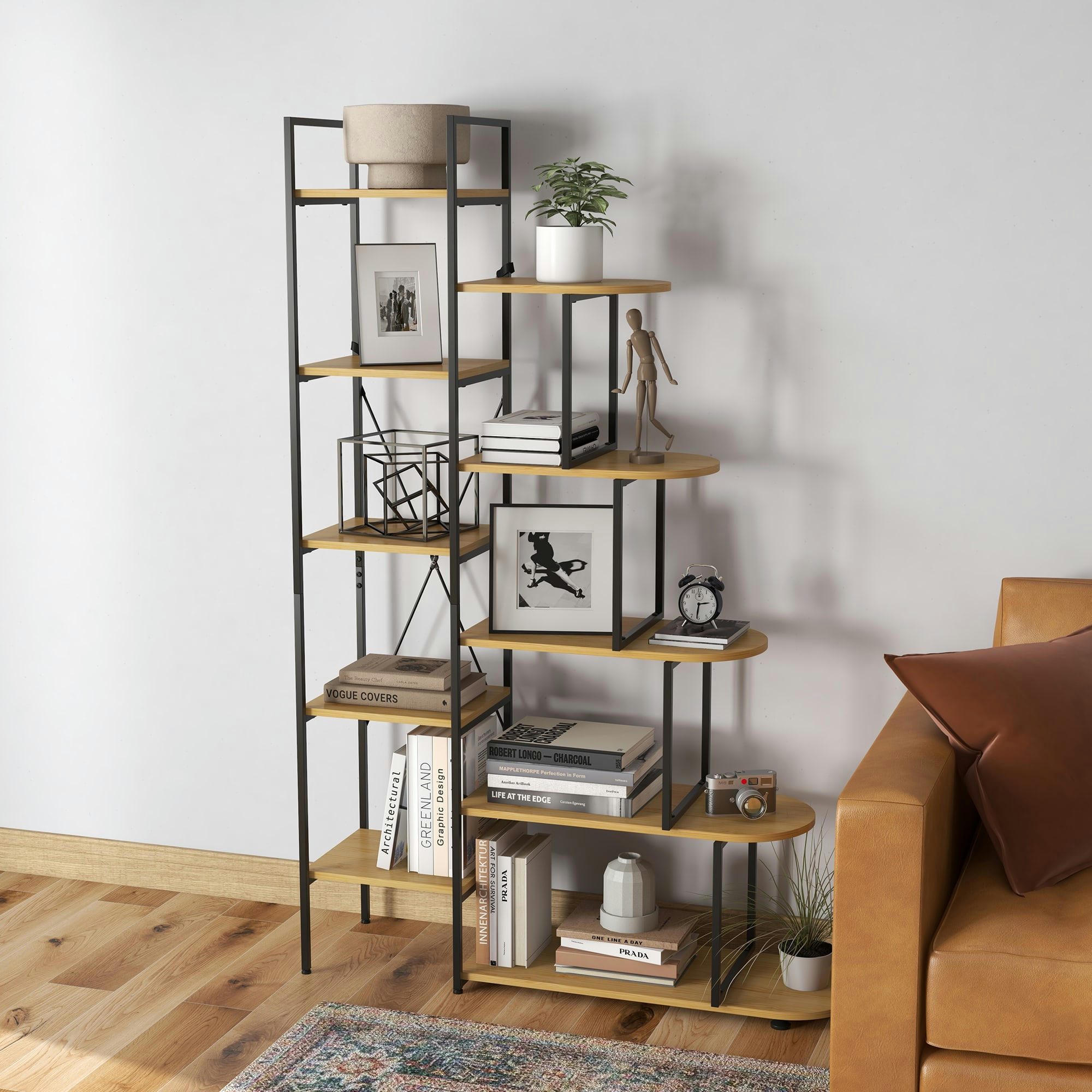 - Bibliothèque style industriel - 10 étagères - bois clair acier noir