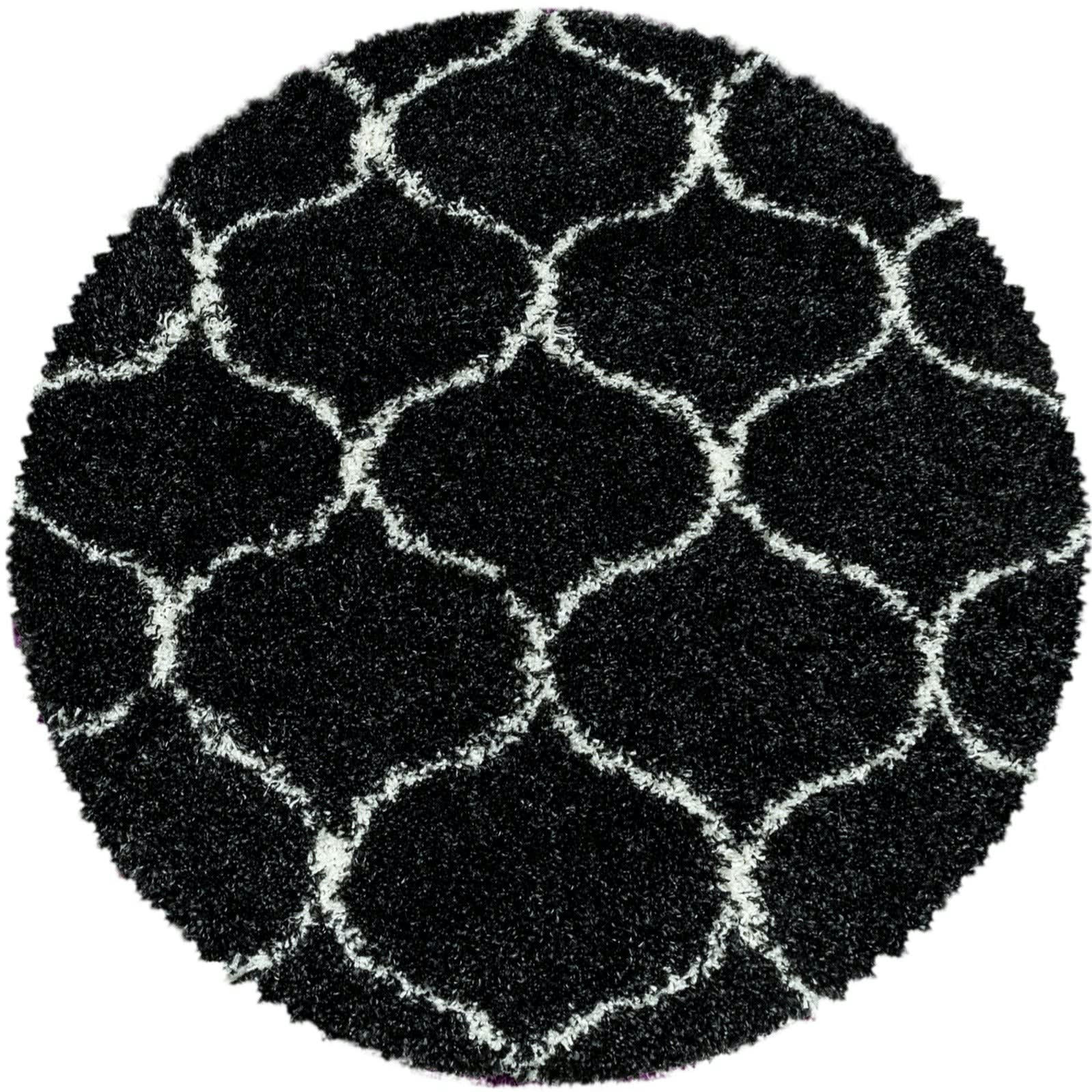 SALMA - Tapis rond à poils longs et motifs alhambra noir 80x80cm