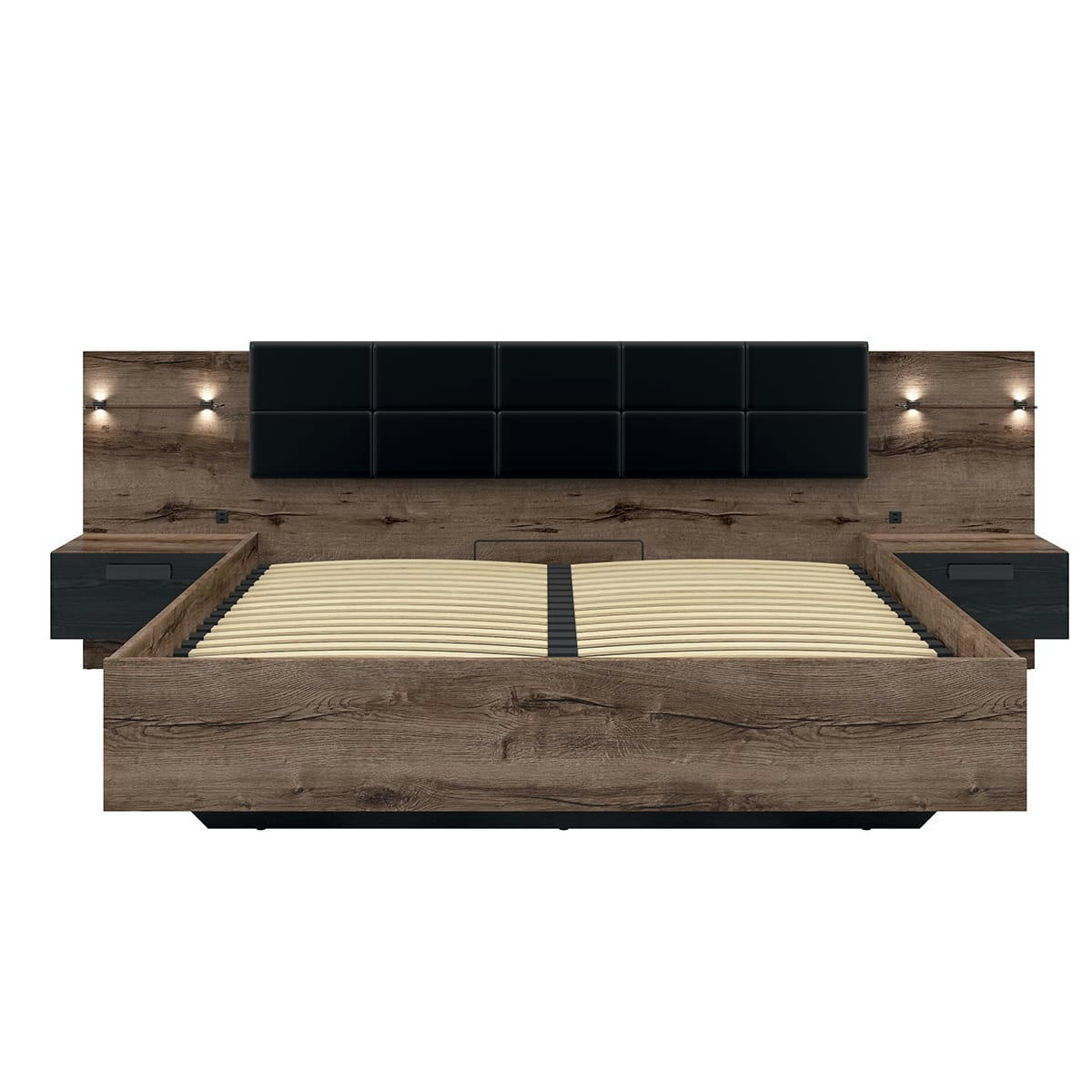 - Lit coffre 180x200 sommier chevet led et prise usb inclus naturel