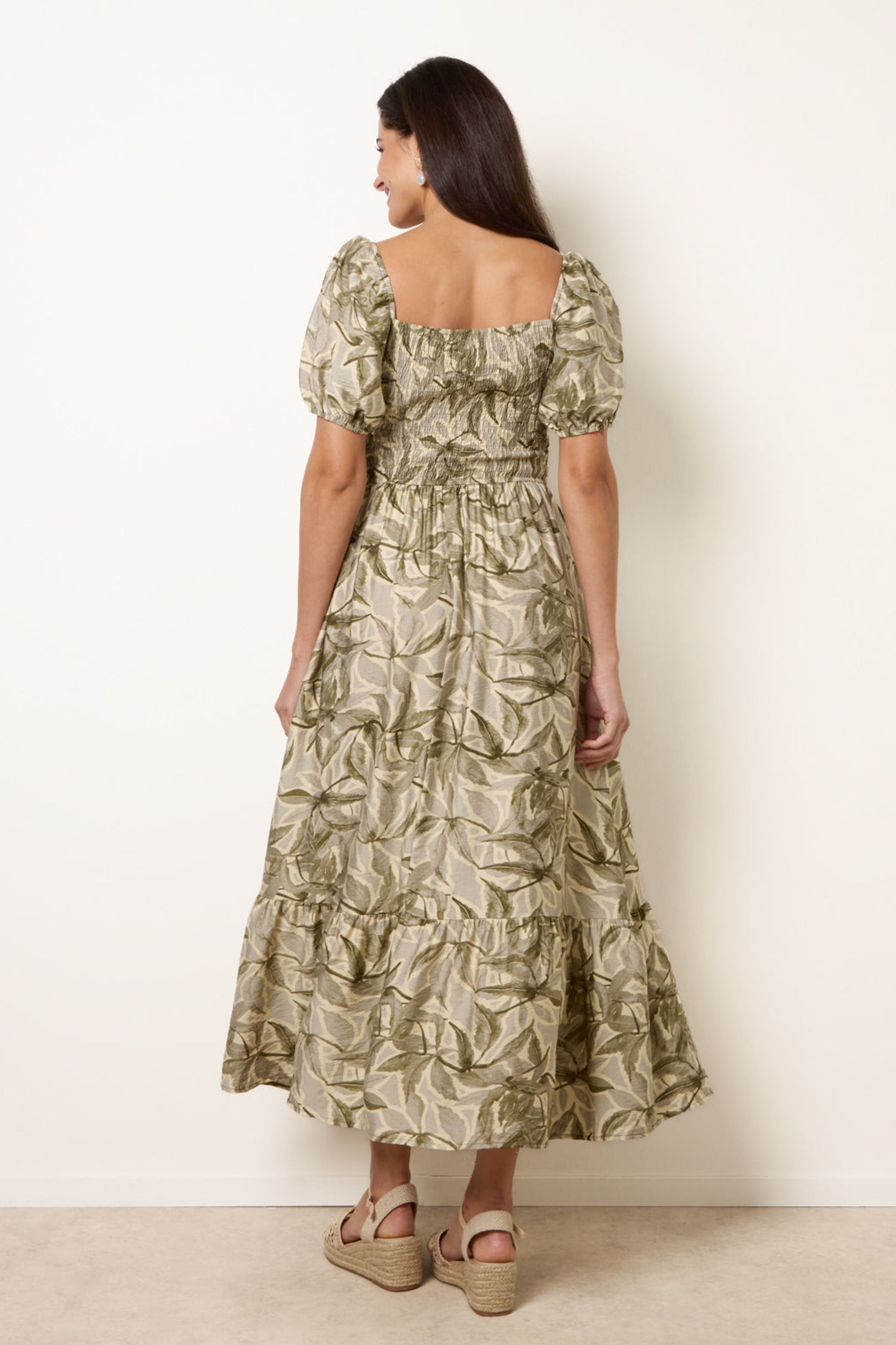 Blue Vanilla Green Large Floral Printed Square Neck Puff Sleeve Dress