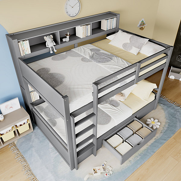 Lit Superposé 90x200 cm - Lit Superposé enfant avec Tiroirs et Espaces de Rangement - Bois de Pin et MDF - Gris - Sans Matelas