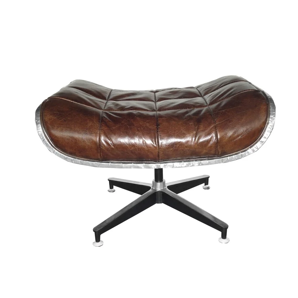 Vintage Industrial Leather Upholstered Footstool Ottoman