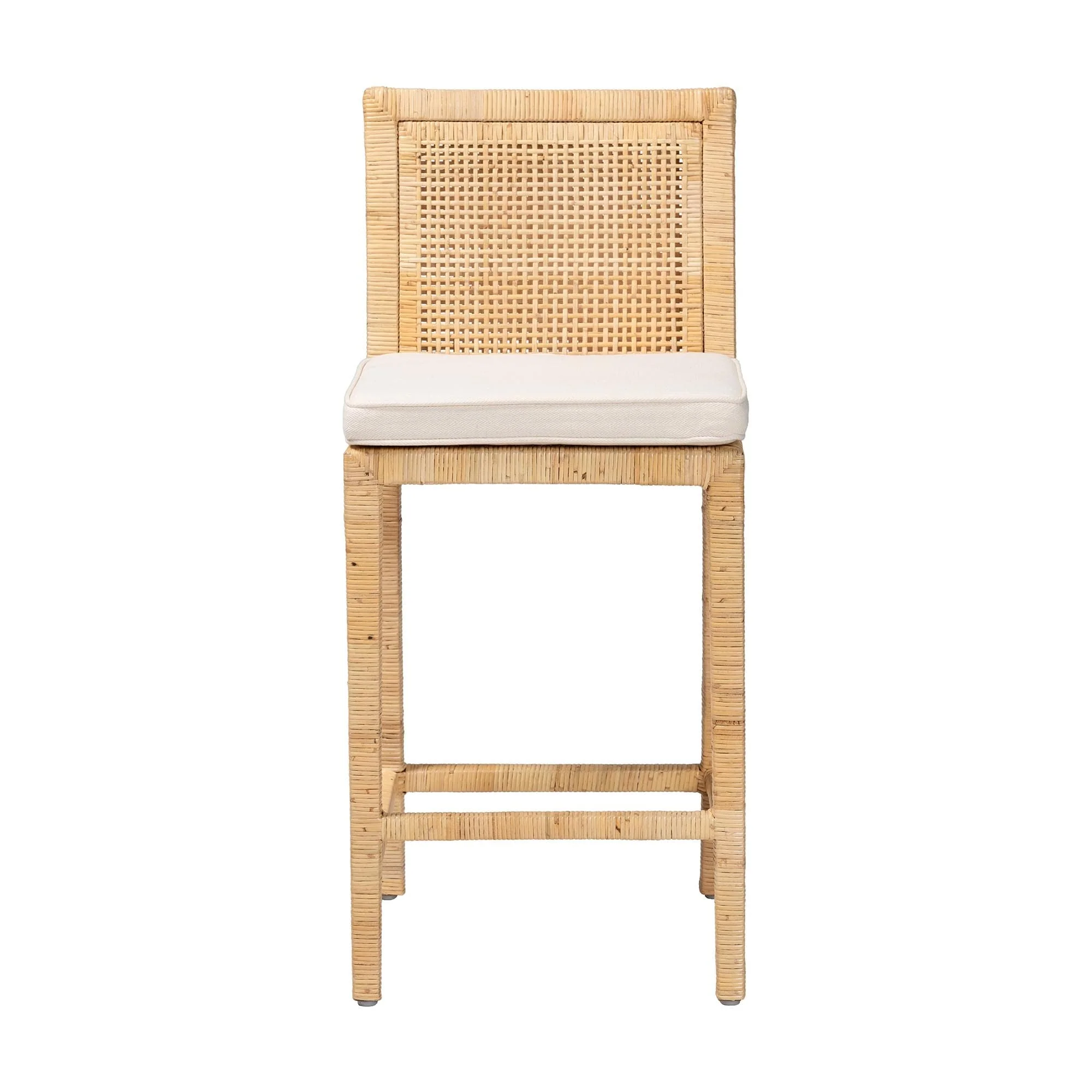 Sofia Rattan Counter Stool with Mahogany Wood - Handwoven Wicker Counter Height, Coastal Kitchen Island Seating, French Grey