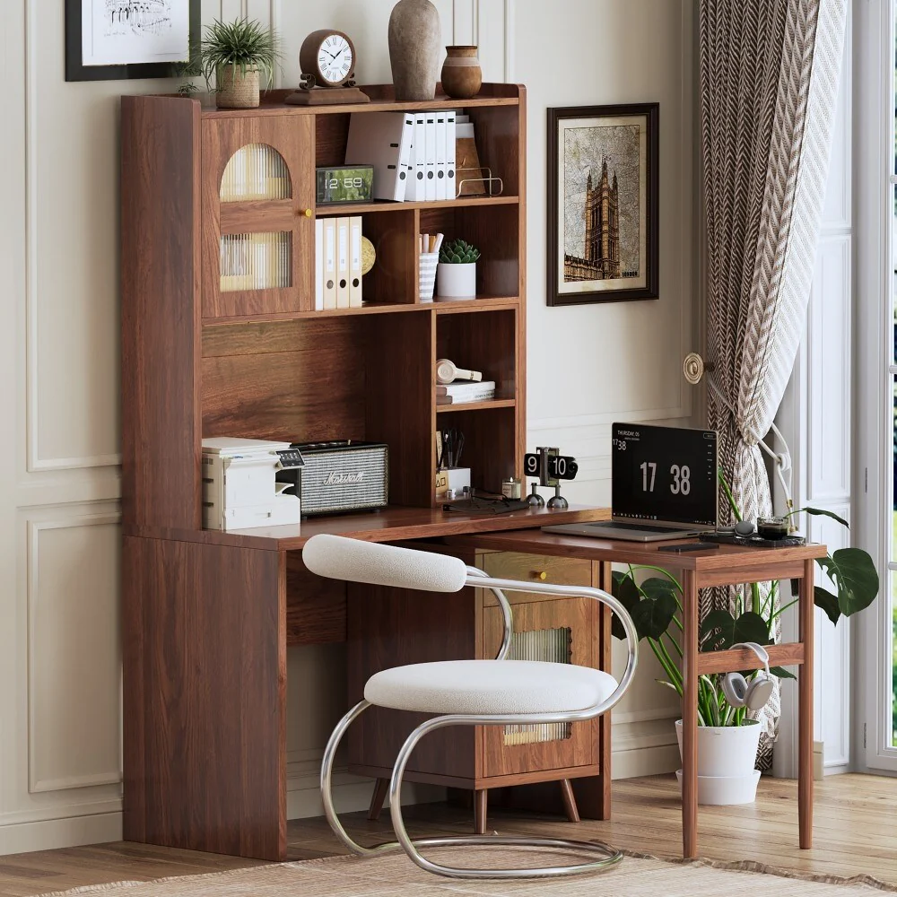 Modern 43 x 70 Inch Computer Desk with 90 Degree Rotating Desktop and Storage Drawer