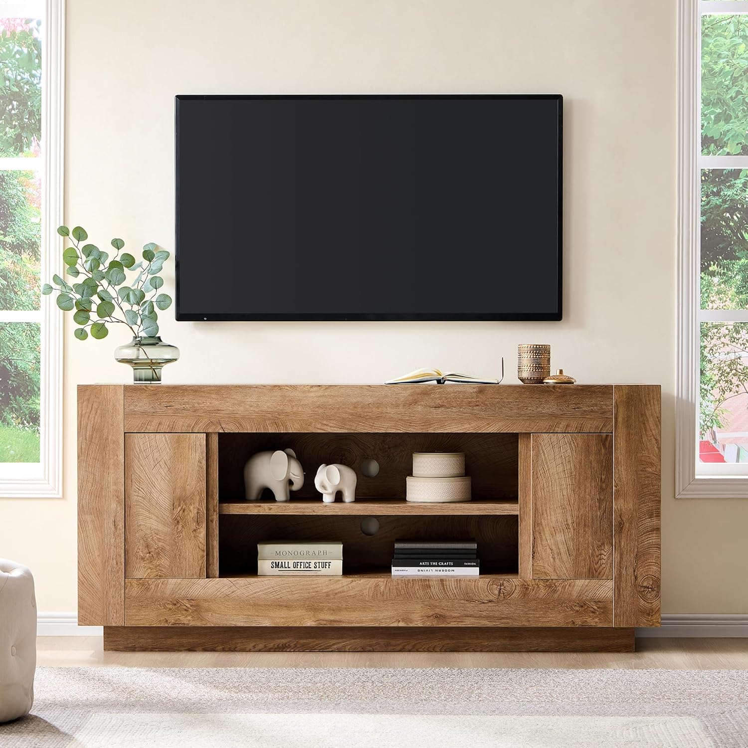 OKD Modern 70 TV Stand, Entertainment Center for TVs Up to 80, Media Console with Large Open Storage & Side Cabinets, Thick Wood Design for Living Room, Light Knotty Oak
