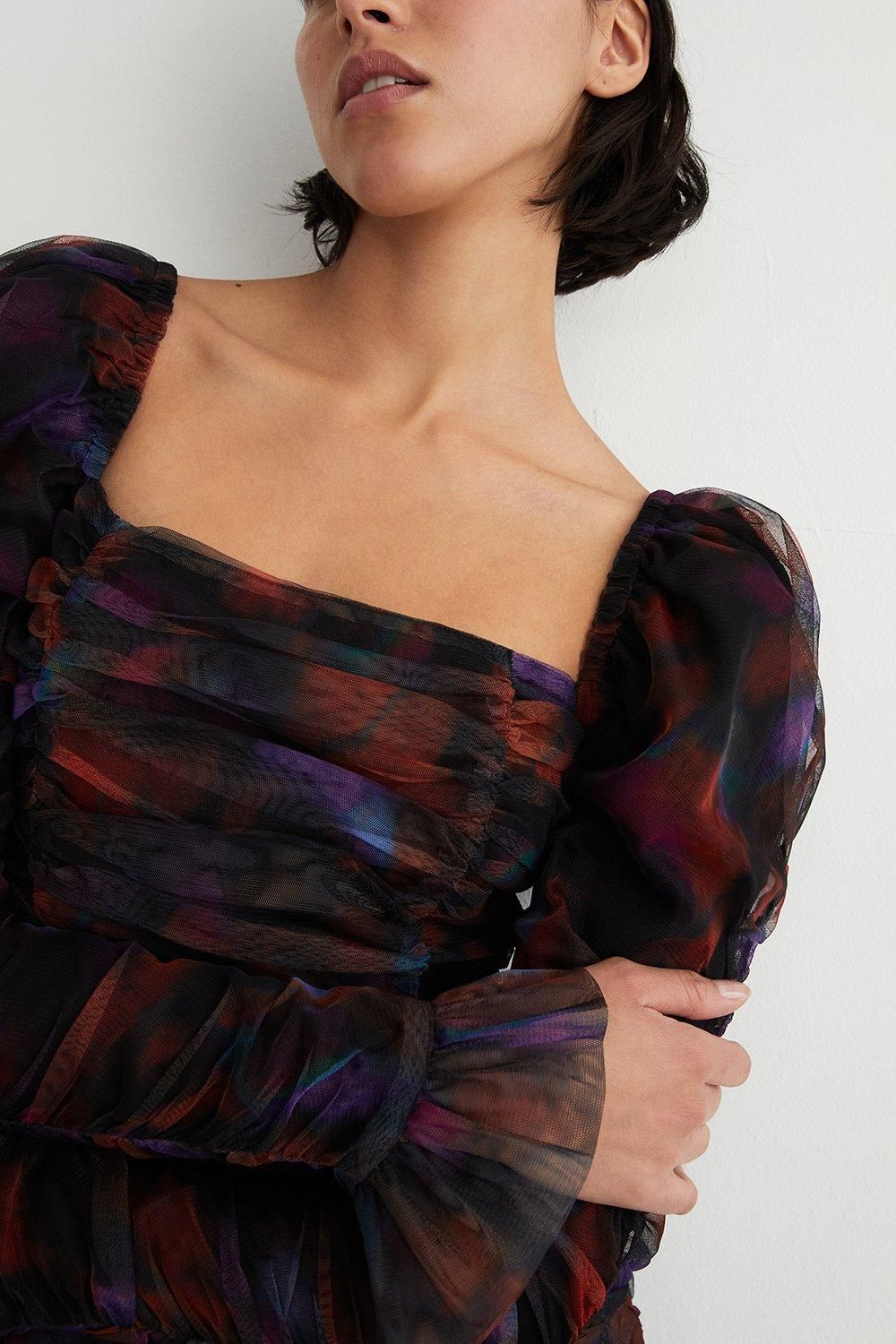 Warehouse Printed Ruched Detail Mini Dress