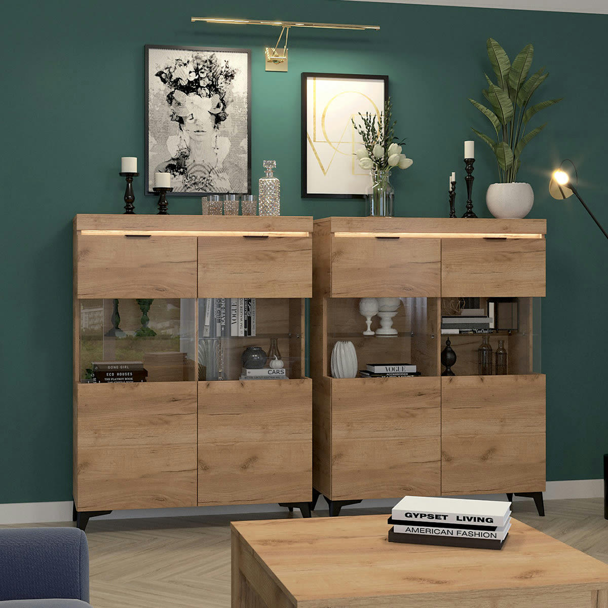 - Vaisselier 2 portes LED inclus stratifiés naturel