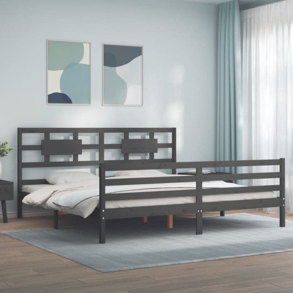 Rama łóżka z wezgłowiem szara 200x200 cm lite drewno