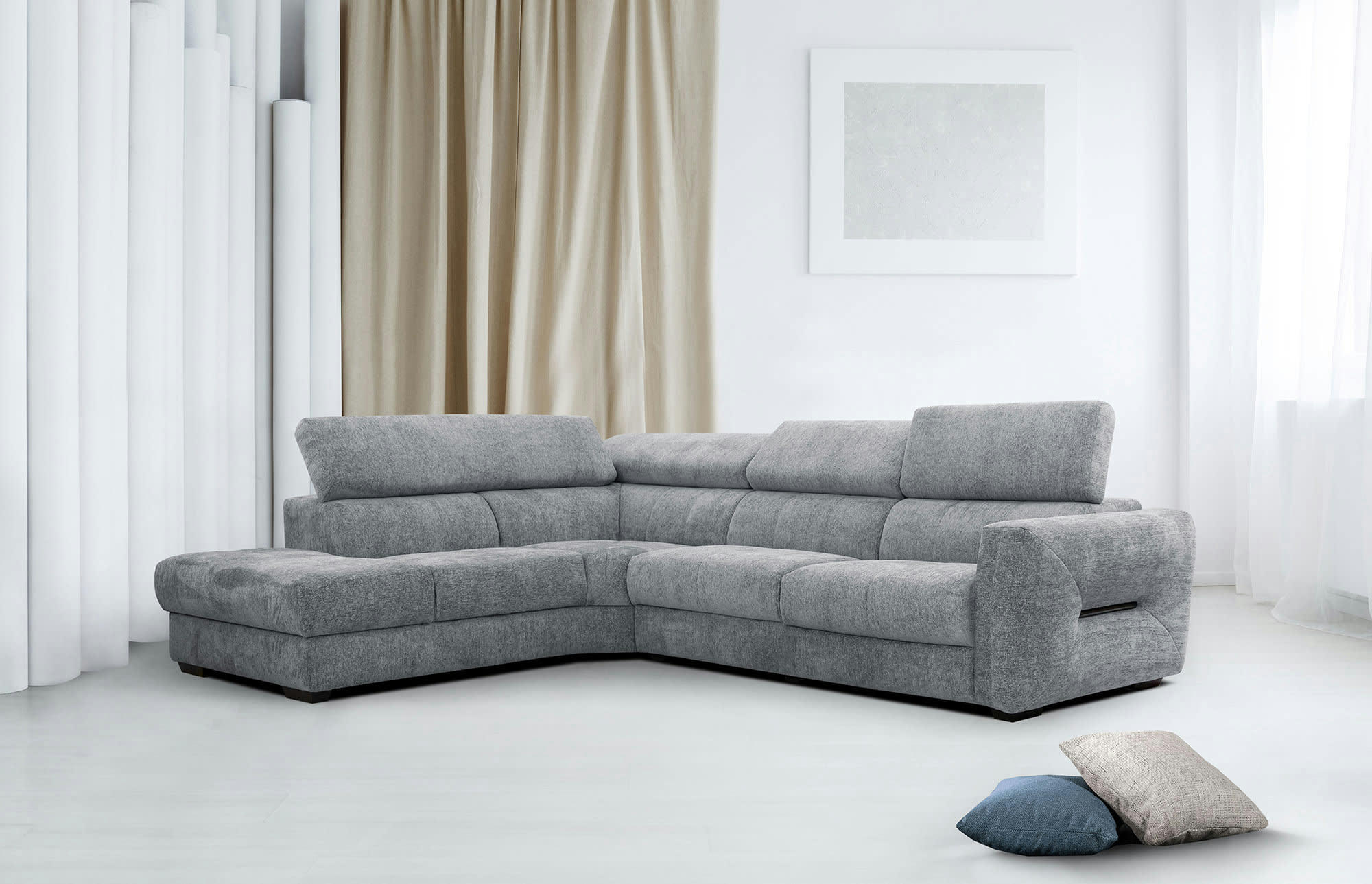 CALVERA - Canapé d'angle gauche 5 tissu gris moyen