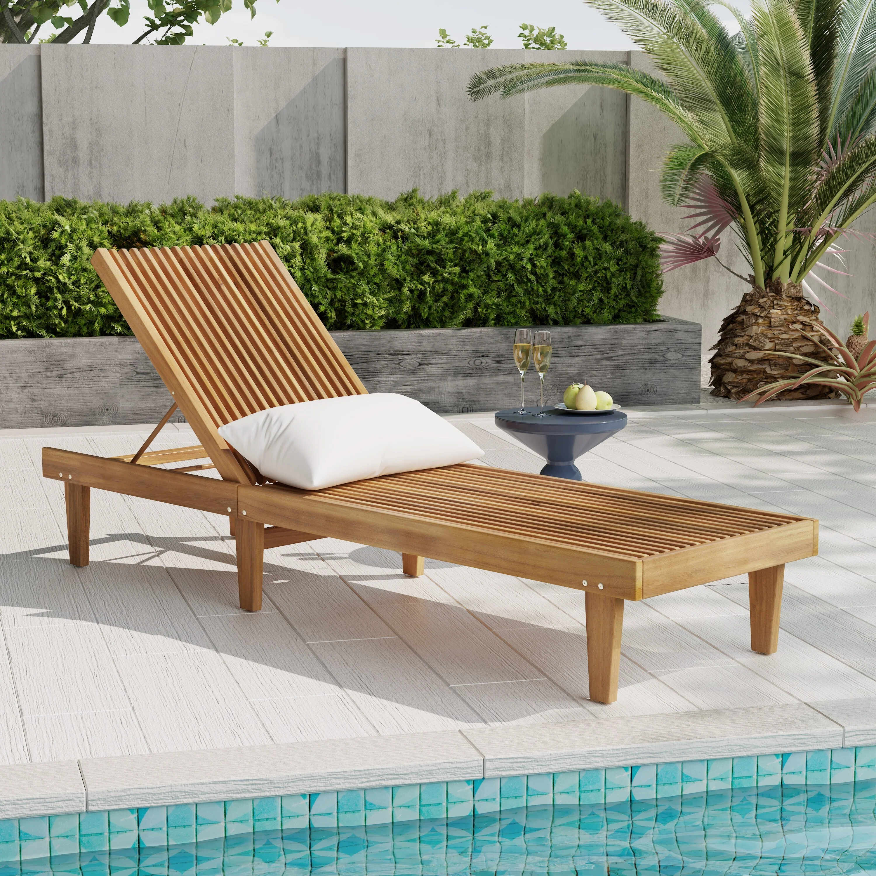 Modern Wooden Reclining Chair with Adjustable Backrest, Breathable Slatted Chaise Lounge Chair for Sunbathing
