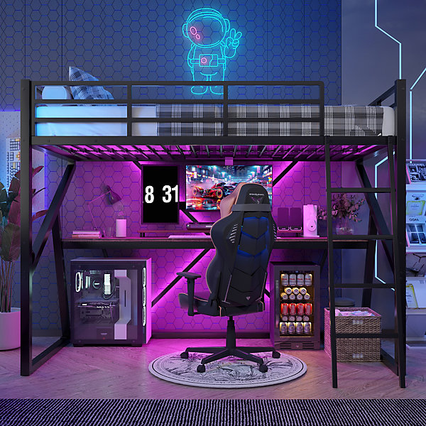Lit superposé 90x200 cm avec bureau intégré, bande LED multicolore et structure métal noir, échelle sécurisée