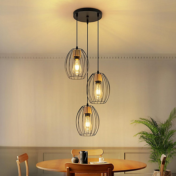 Nettlife Suspension Vintage 3 Lampes - Lustre Industriel Métal Noir &Bois E27 - Cuisine Salle à Manger Salon (Sans Ampoule)