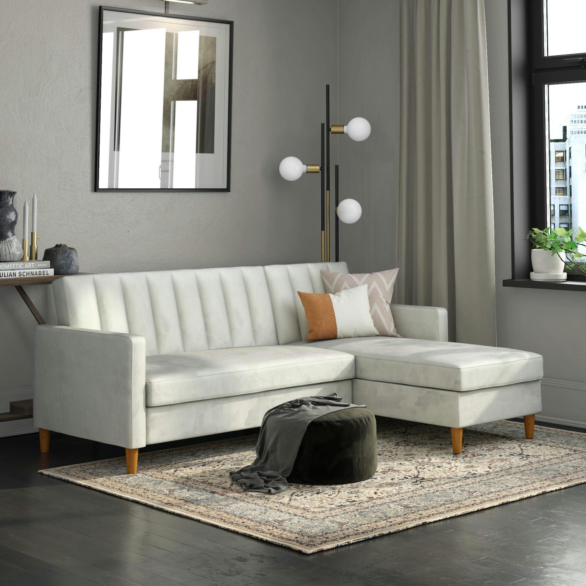 CELINE - Canapé lit 4 places avec chaise longue en velours gris clair