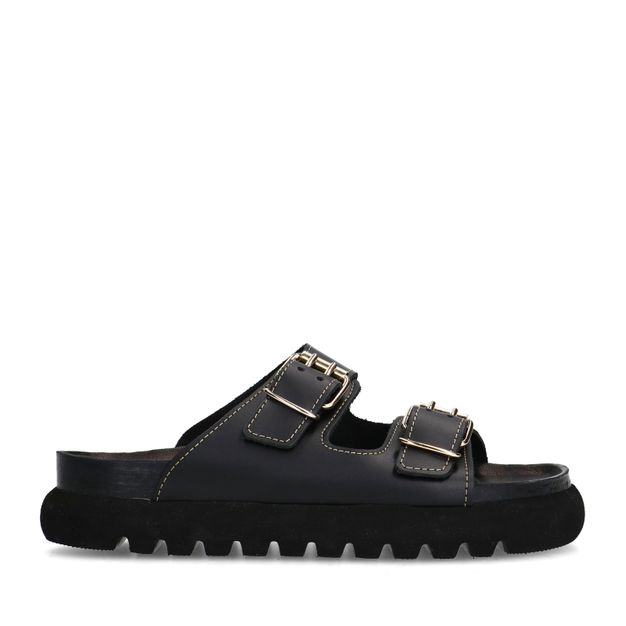 Zwarte leren slippers met goudkleurige buckles