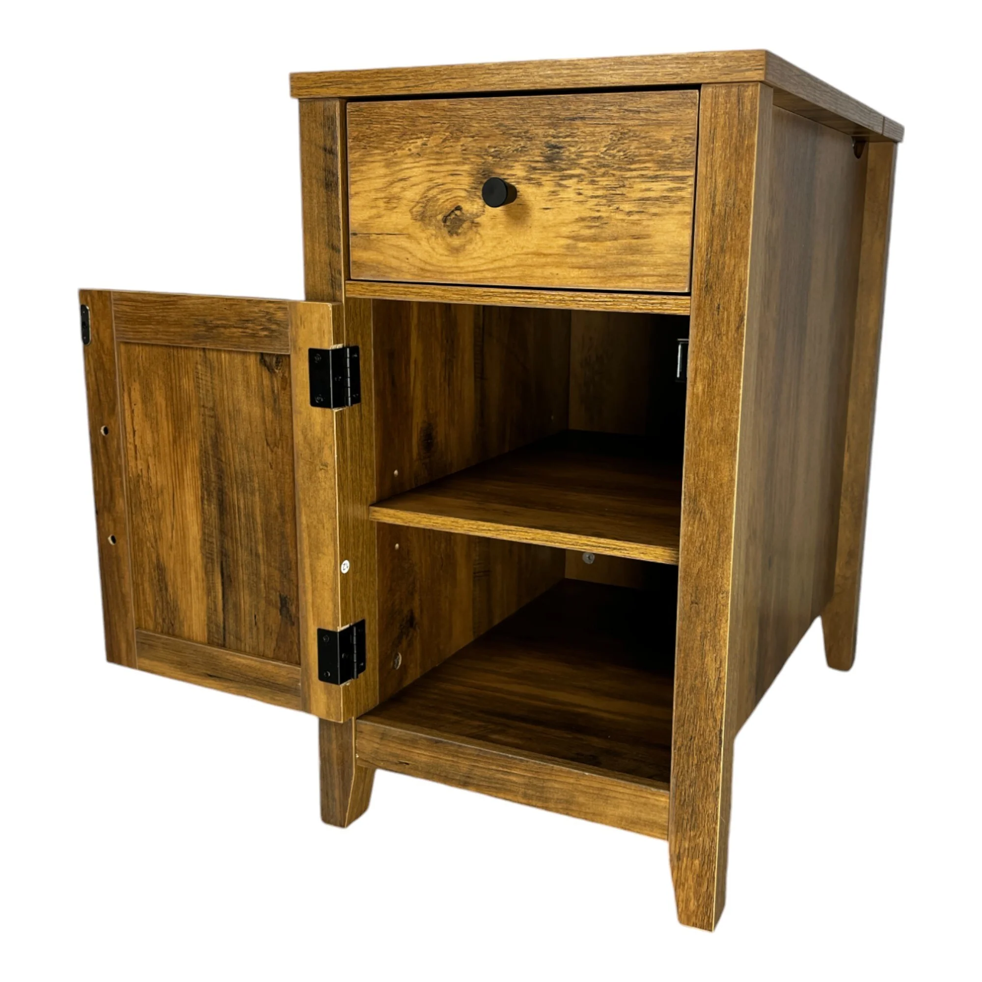 Farmhouse End Table Bedside Table With Charging Station, Night Stand With Barn Door And Drawer