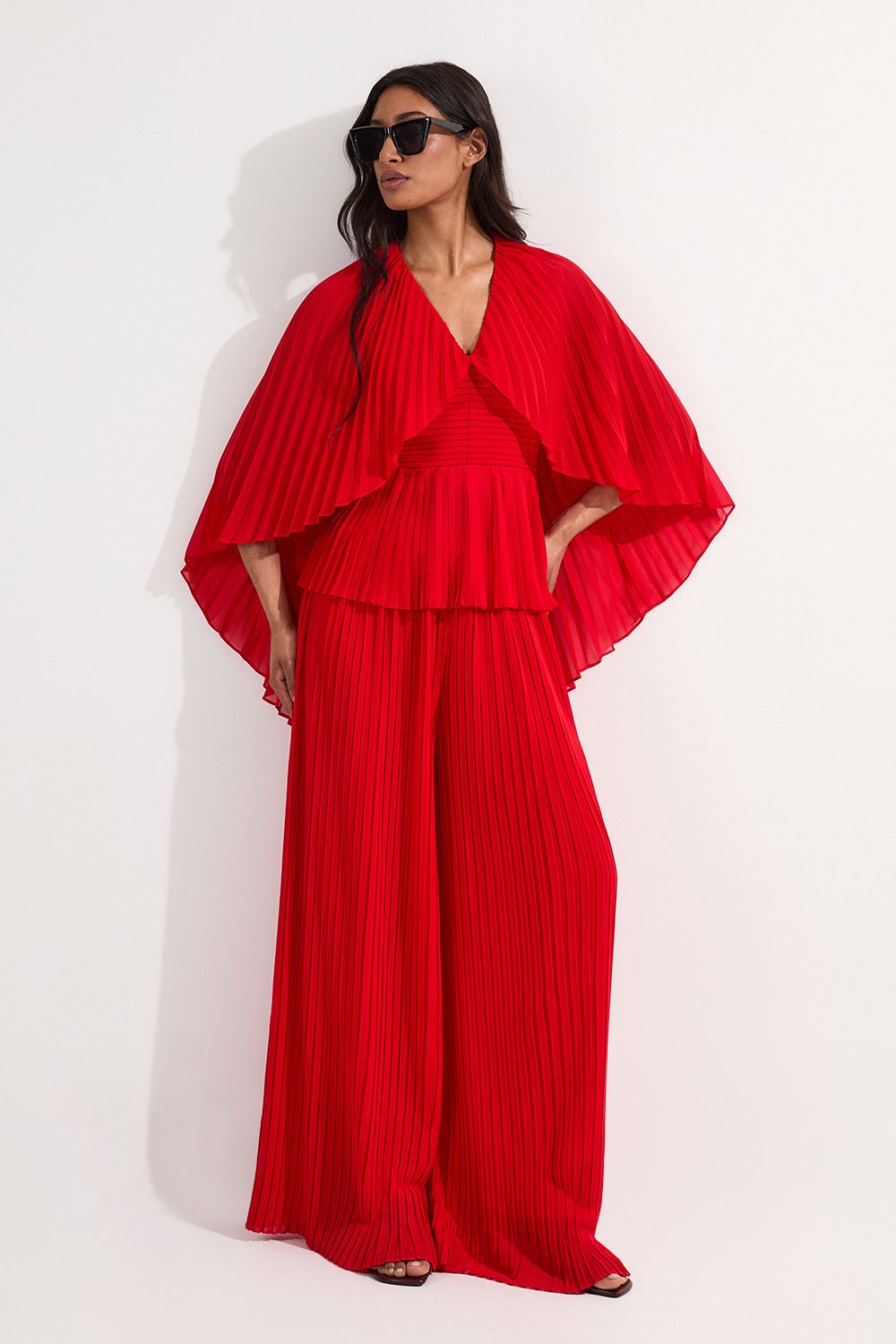 KarenMillen Pleated Cape Sleeve Plunge Neck Woven Top